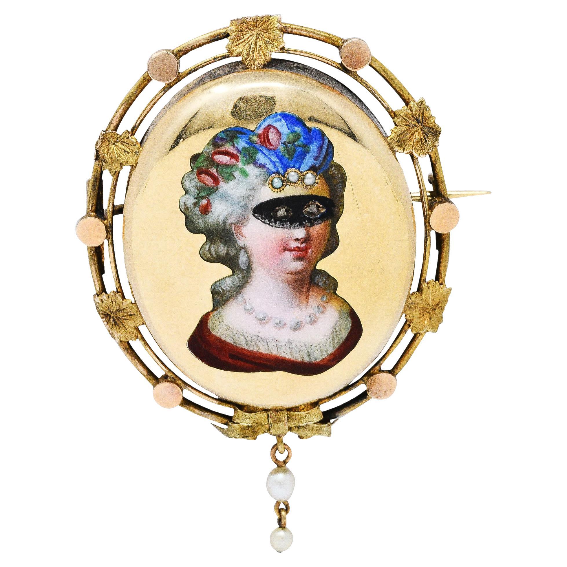 1860's Victorian Enamel Diamond Pearl 14 Karat Gold Masquerade Mask Brooch