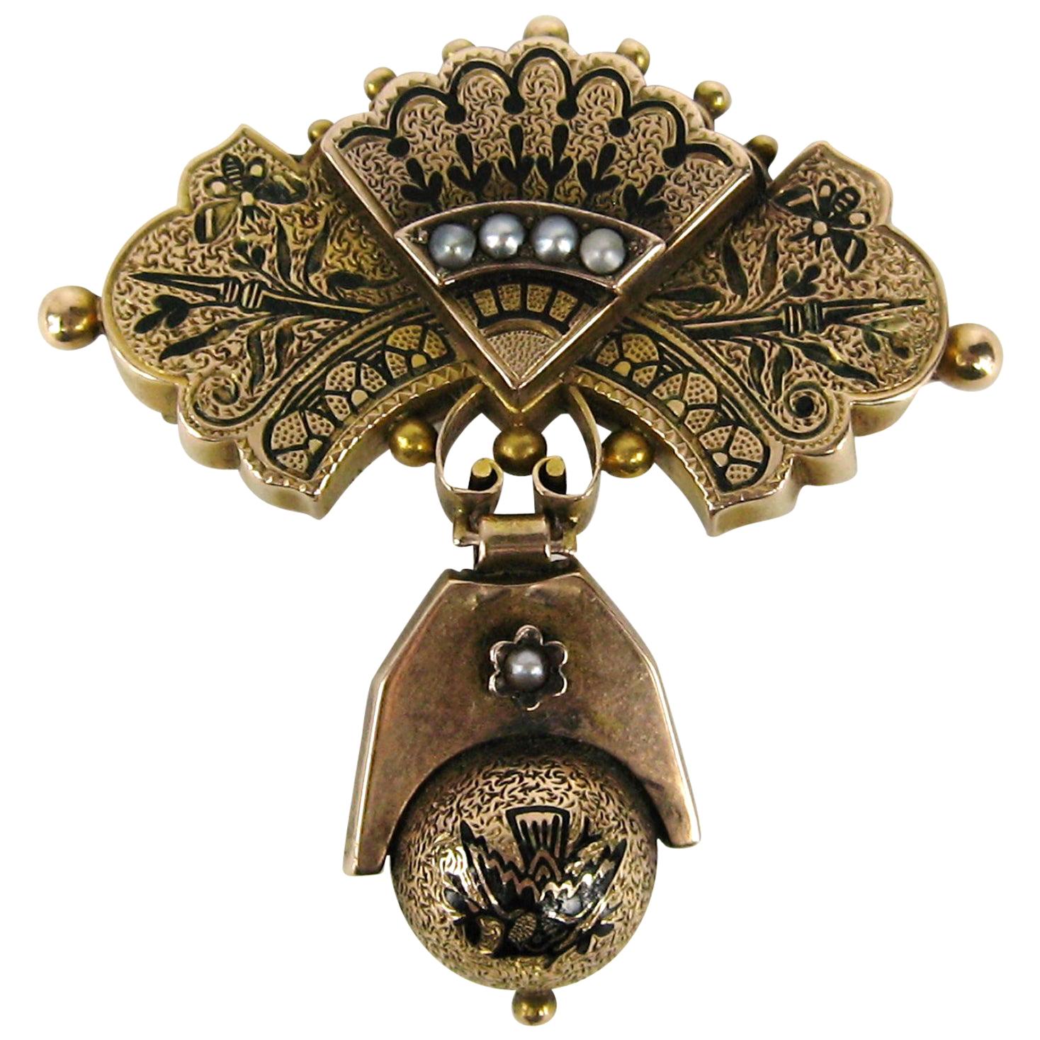 Viktorianische Goldtropfen-Perlenbrosche oder Anhänger aus den 1860er Jahren mit Saatperlen