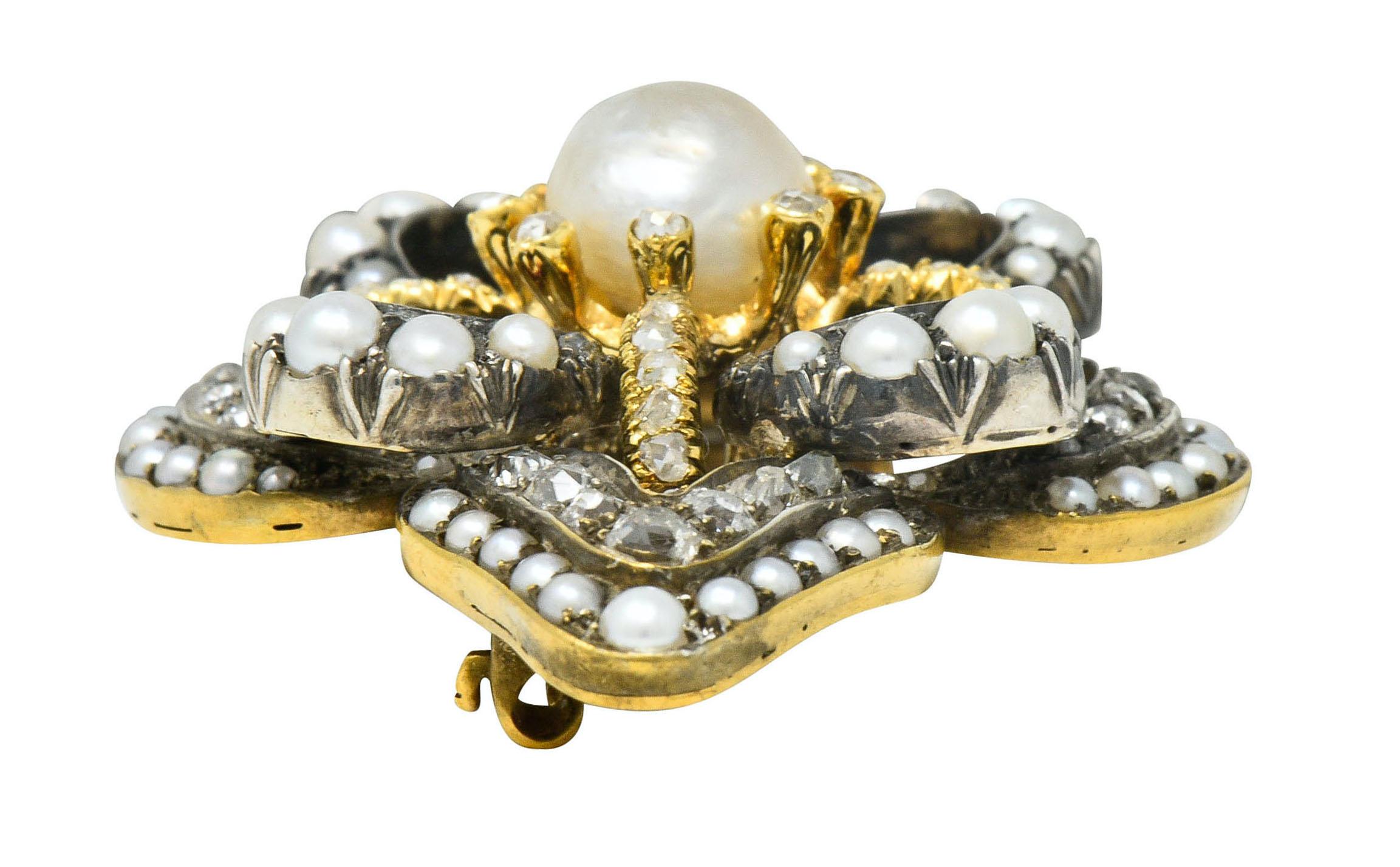 1860s Victorian Pearl Diamond Silver-Topped 18 Karat Gold Floral Brooch 6
