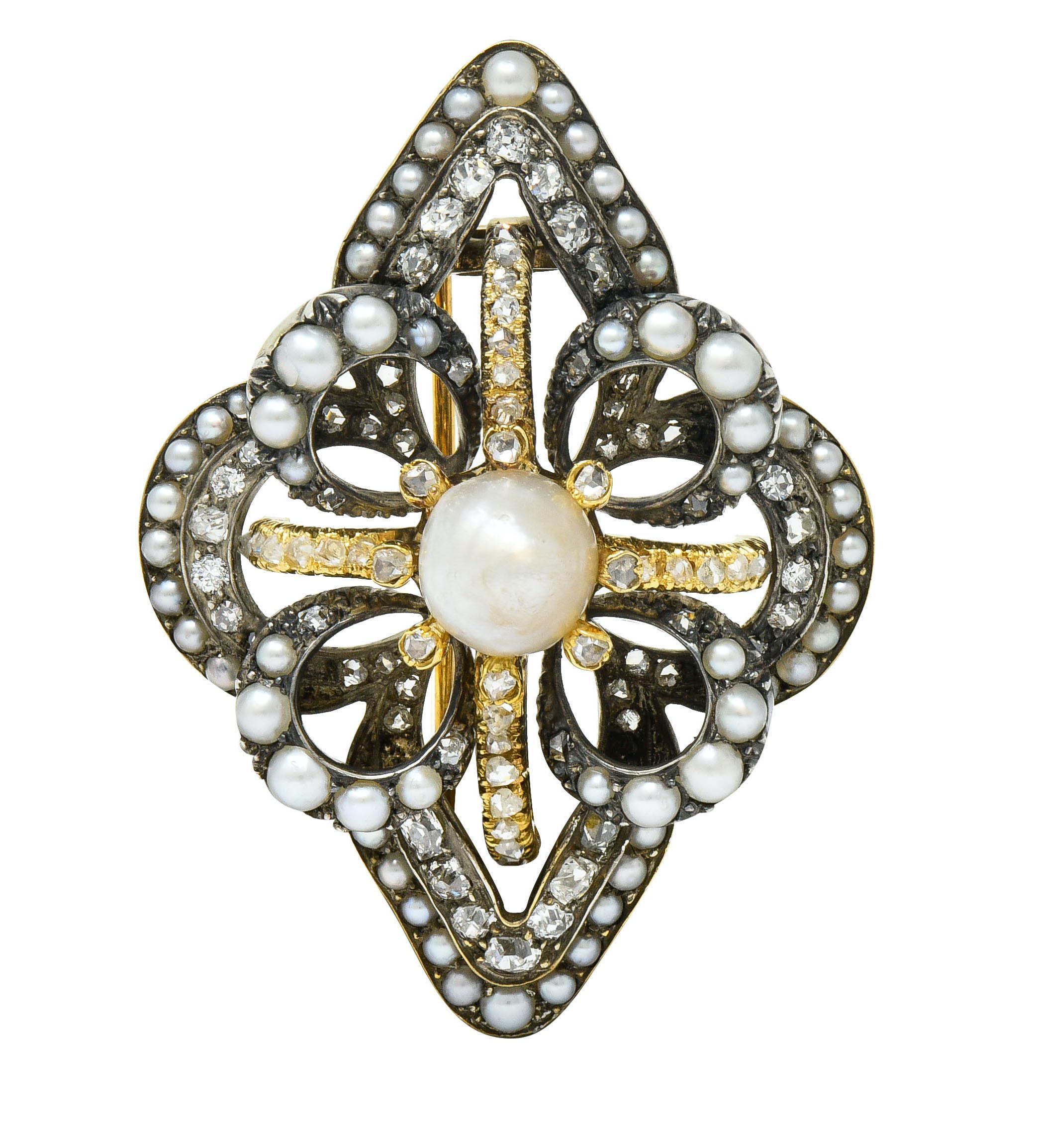 1860s Victorian Pearl Diamond Silver-Topped 18 Karat Gold Floral Brooch 1