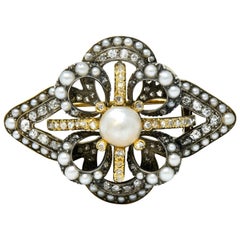 1860s Victorian Pearl Diamond Silver-Topped 18 Karat Gold Floral Brooch