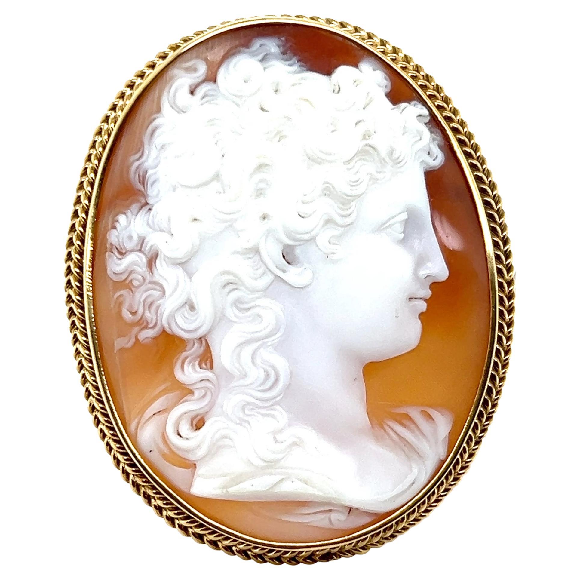 1860er viktorianische Muschelkamee-Brosche aus 18K Gelbgold mit geflochtenem Rahmen