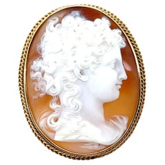 Antique 1860s Victorian Shell Cameo Brooch in 18K Yellow Gold with Braided Frame