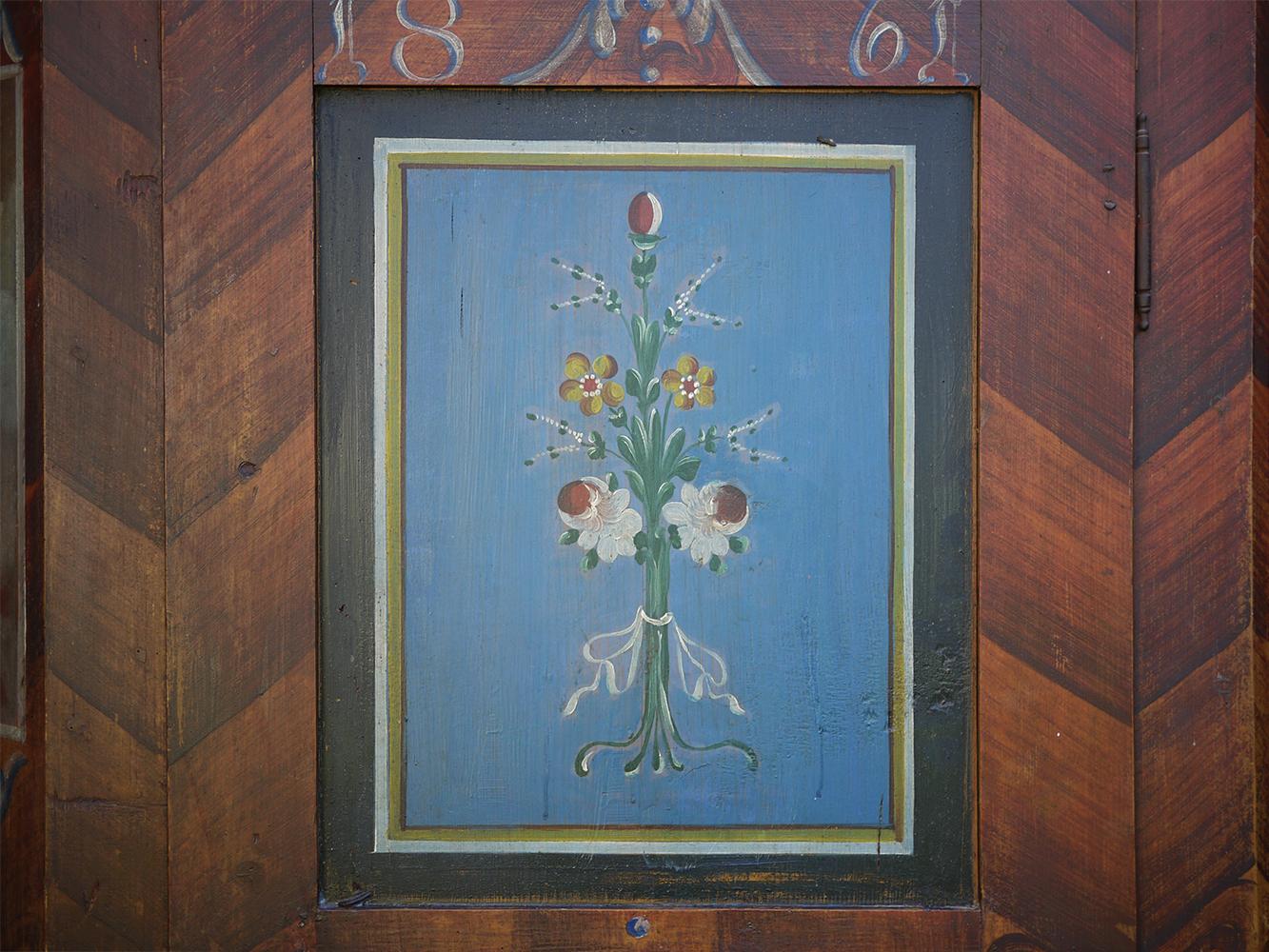 1861 Blue Brown Floral Painted Wardrobe In Good Condition In Albignasego, IT