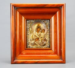 1861 Russain Icon Holly Mother of Tihvin Tempera on Wood Gilt 84 Silver Kiot