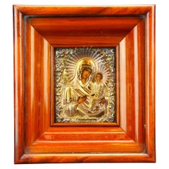 1861 Icone russe Madre di Tihvin Tempera su legno dorata 84 A. Silver