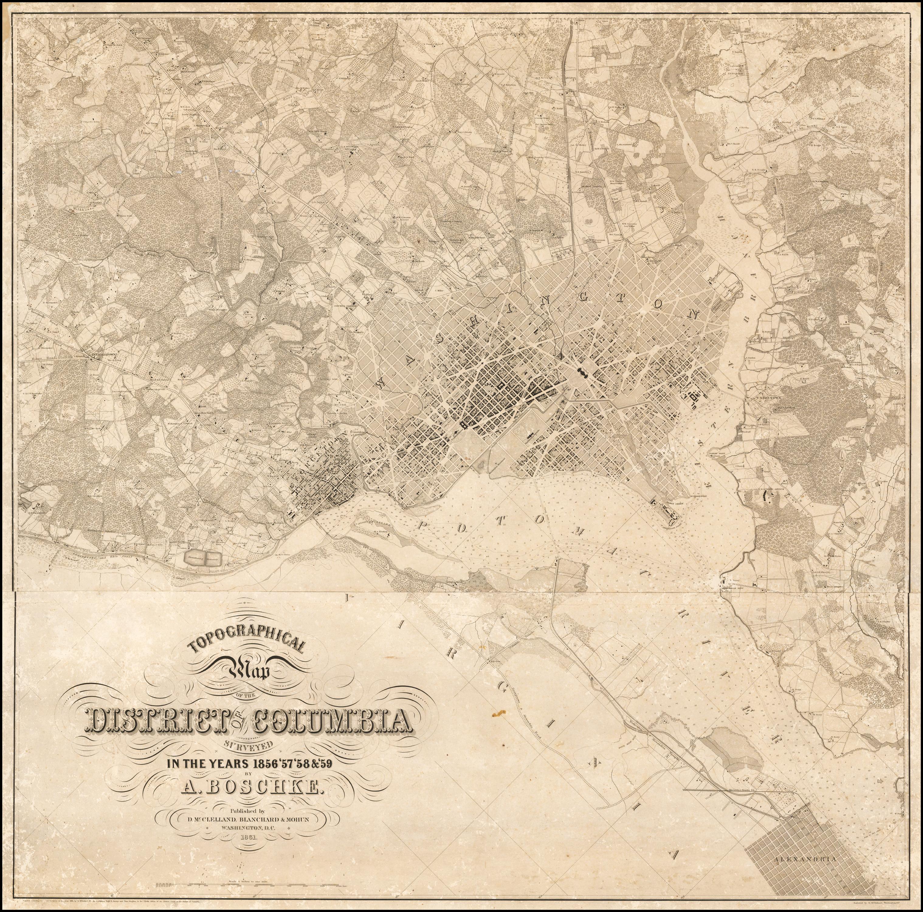 1861 Carte topographique du District de Columbia:: par Boschke:: Carte ancienne Bon état - En vente à Colorado Springs, CO