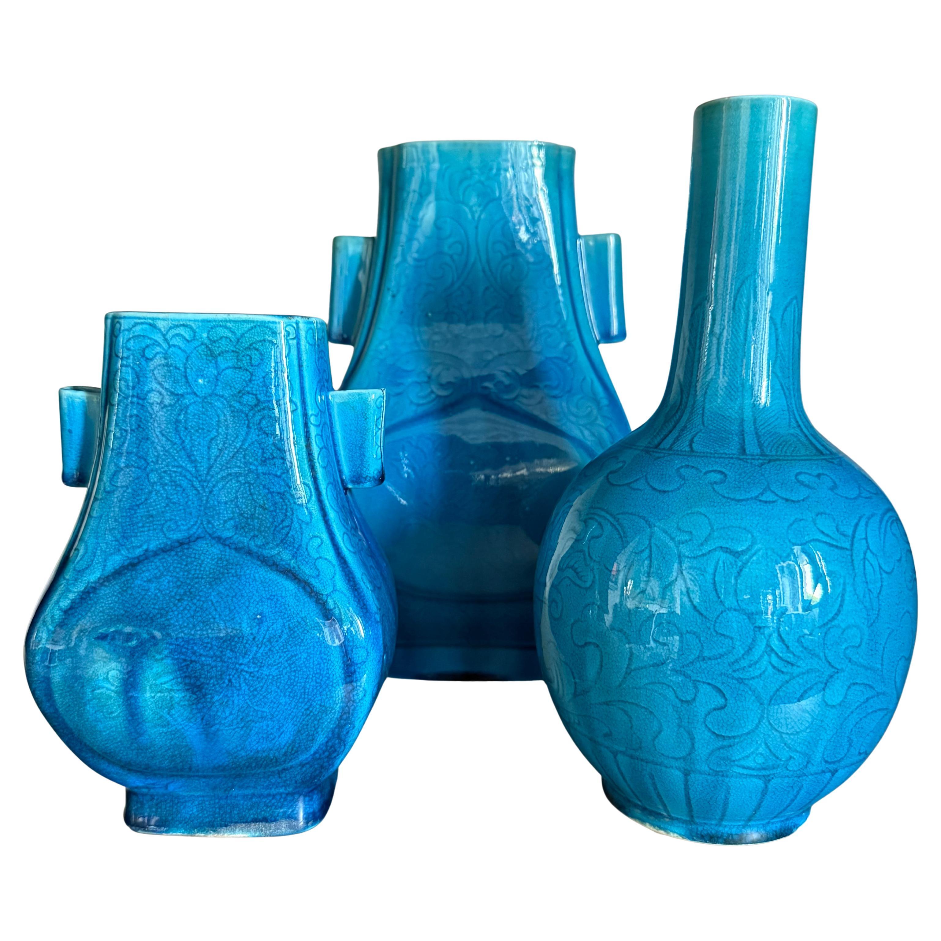 1862/1873s Set of 3 Rare China T'UNG CHIH Turquoise Porcelain Vases