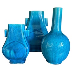 1862/1873s Set of 3 Rare China T'UNG CHIH Turquoise Porcelain Vases