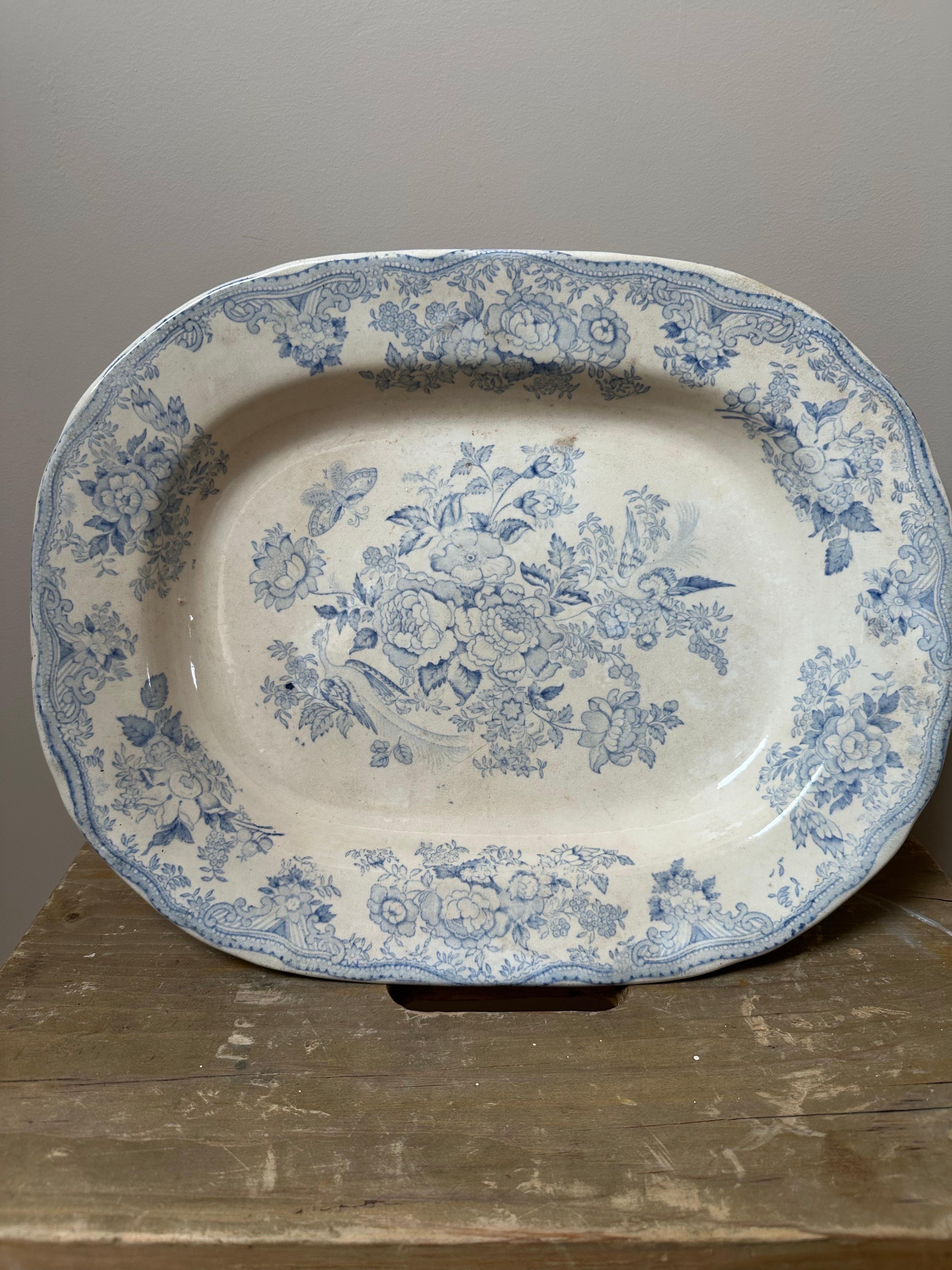 1862 Asiatischer Fasan Tiefes großes ovales Tablett, blau-weiß handbemalt im Angebot 3