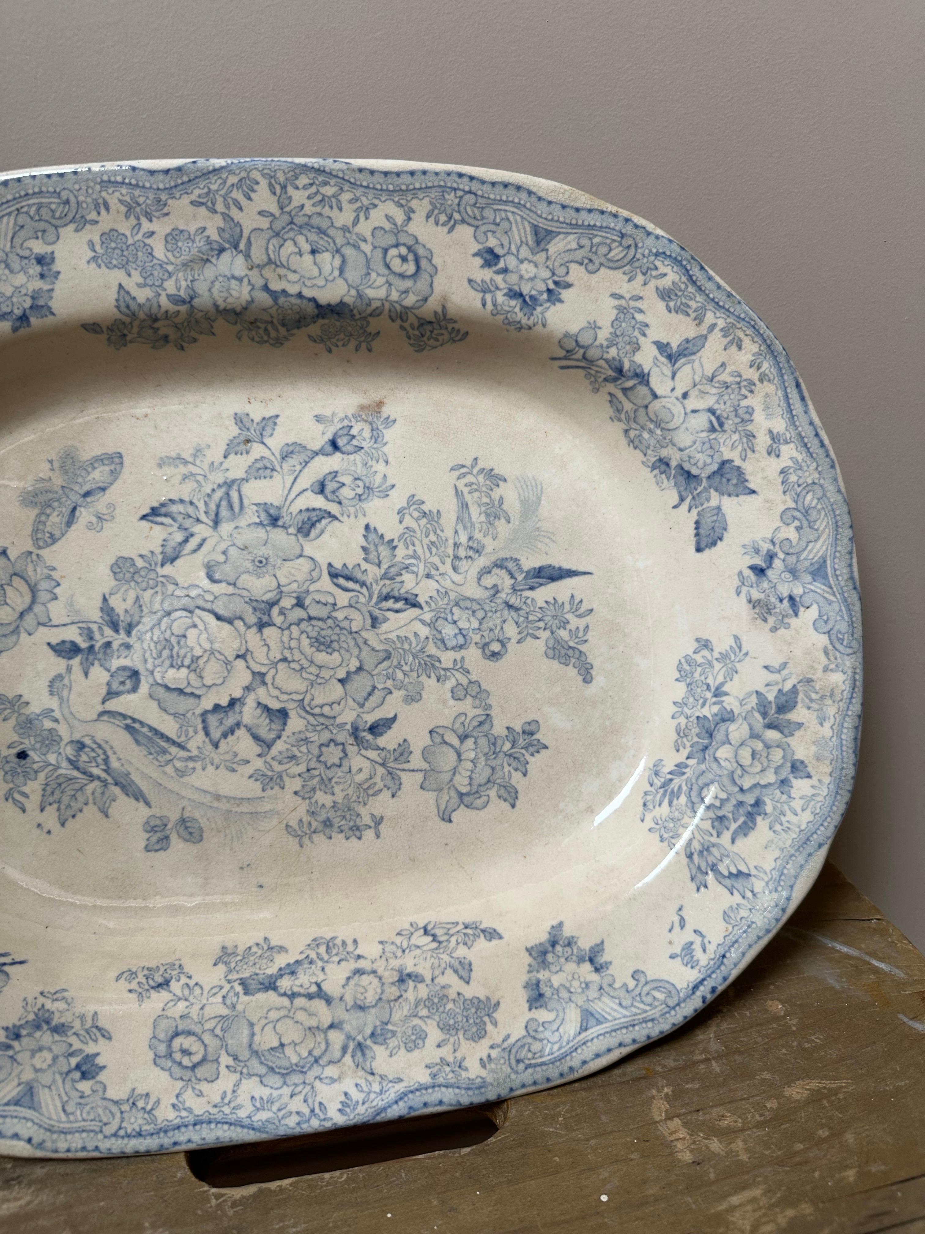 1862 Asiatischer Fasan Tiefes großes ovales Tablett, blau-weiß handbemalt im Angebot 5