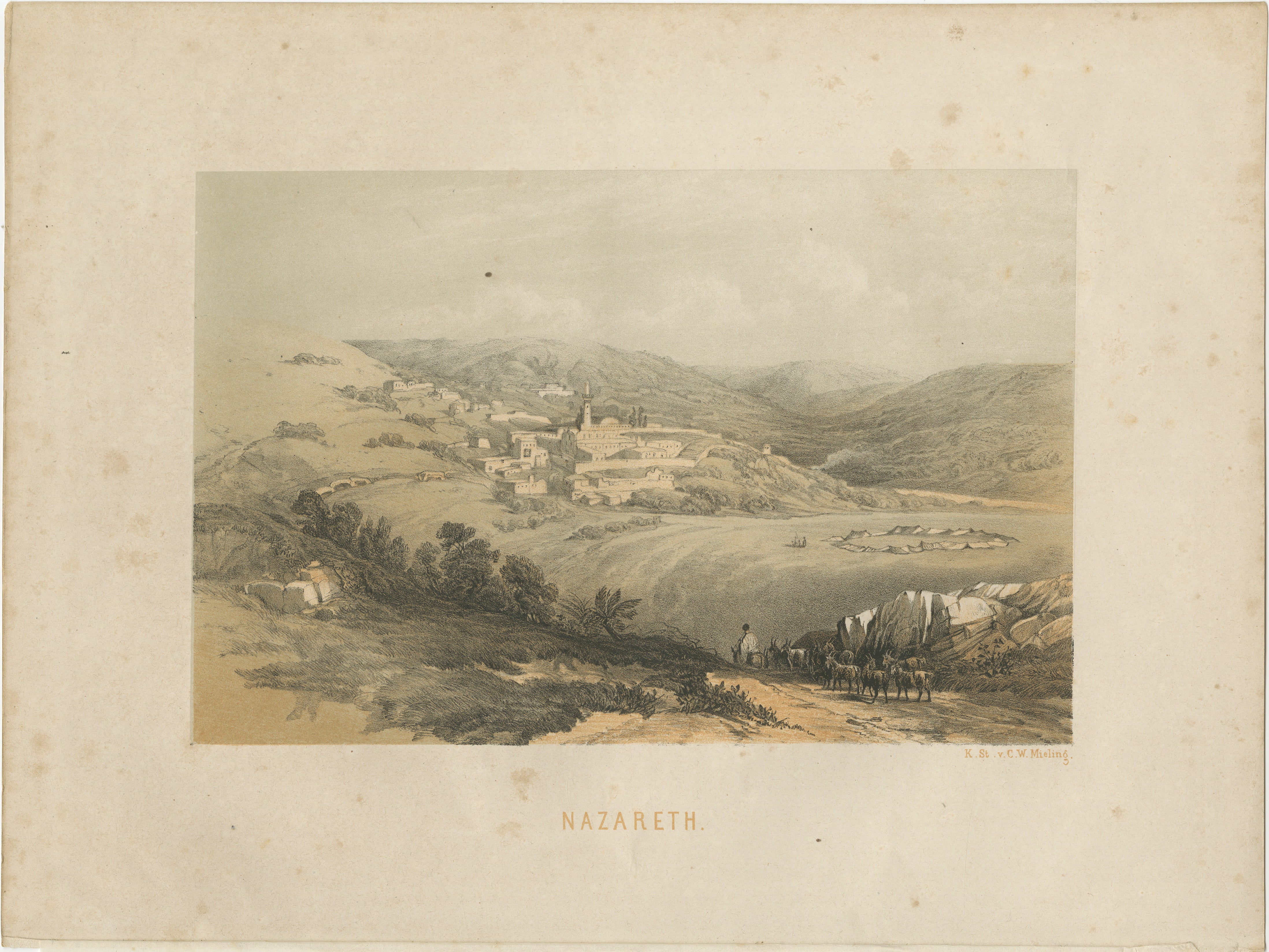 Title: 19th-Century Chromolithograph of Nazareth – Biblical Landscape After David Roberts  

Description:  
This fine chromolithograph presents a picturesque view of Nazareth, the historic town in Galilee known as the childhood home of Jesus Christ.