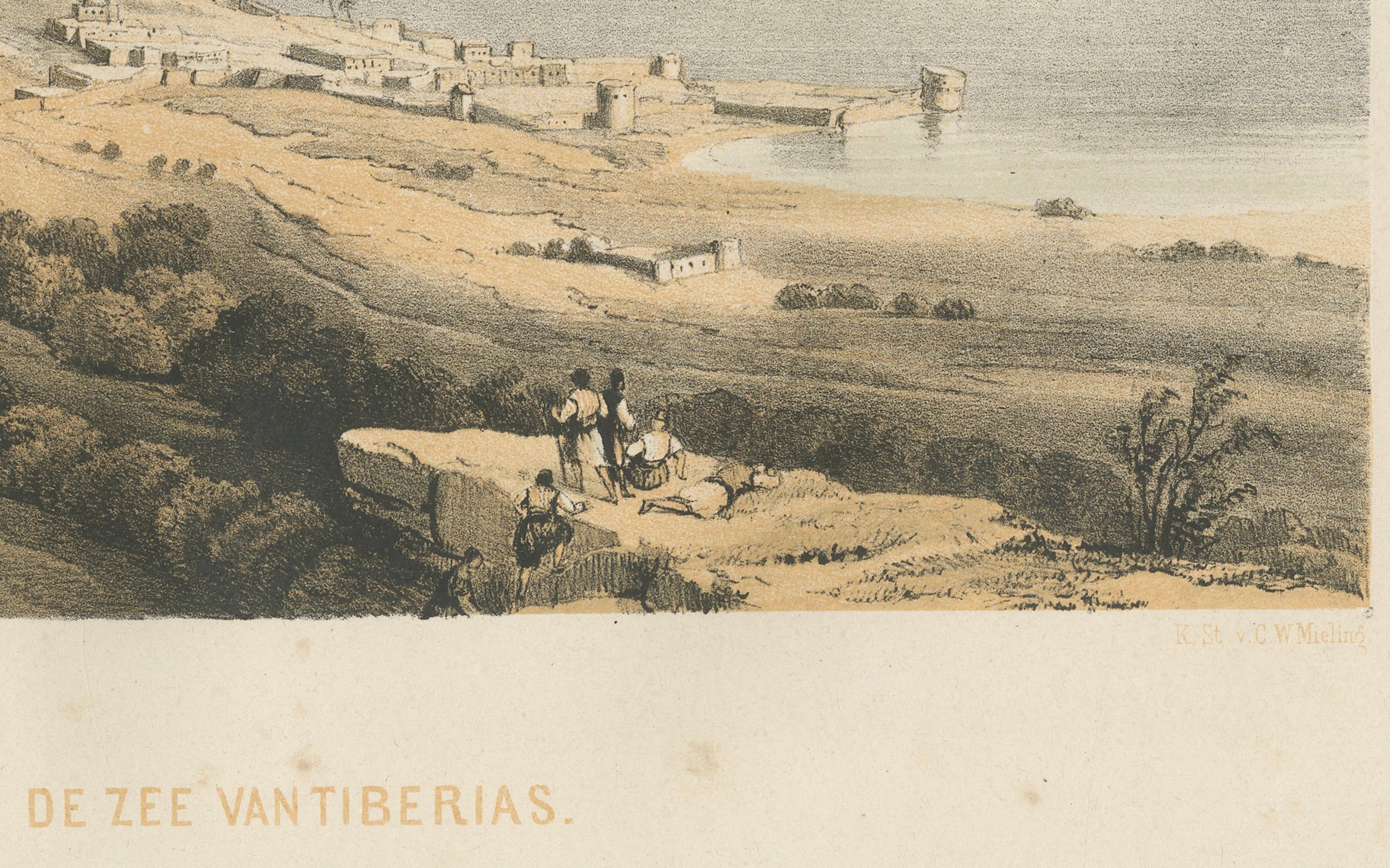 Titolo: Cromolitografia del XIX secolo del Mare di Tiberiade - Paesaggio biblico di David Roberts  

Descrizione:  Questa bellissima cromolitografia del XIX secolo offre un'ampia veduta del Mare di Tiberiade (noto anche come Mare di Galilea), uno
