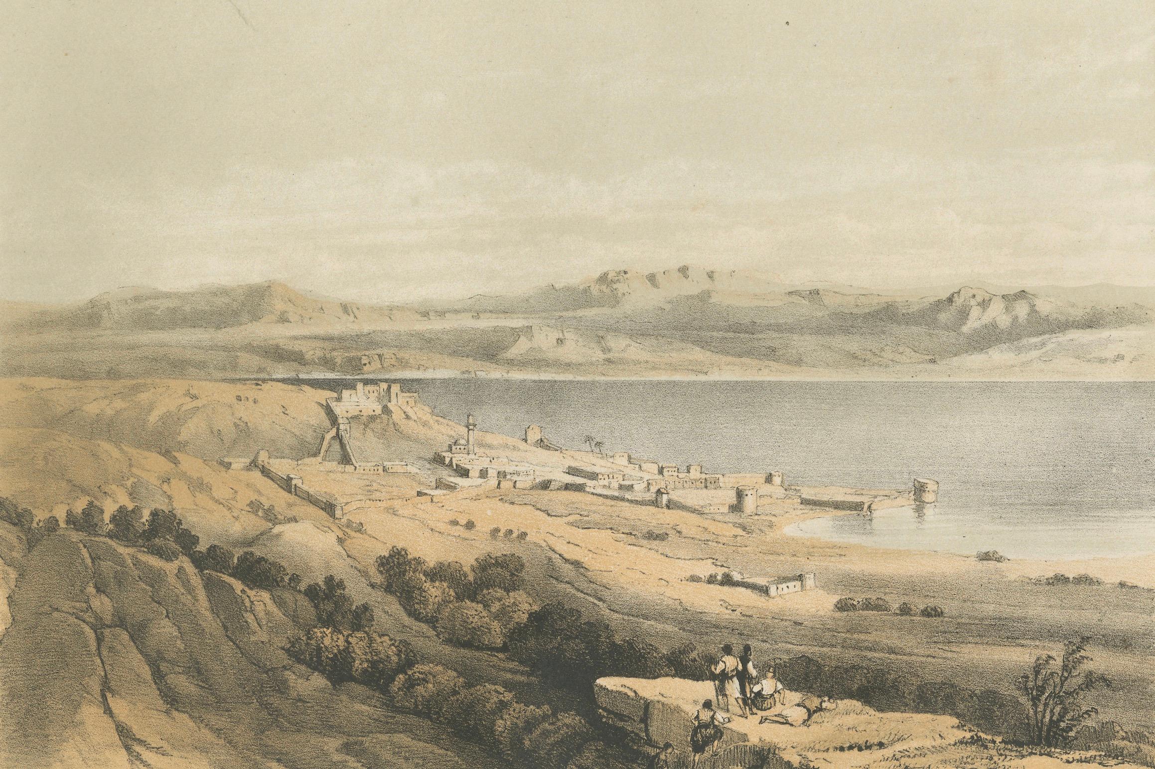 Metà XIX secolo 1862 Cromolitografia del Mare di Tiberiade - Paesaggio biblico in Israele in vendita