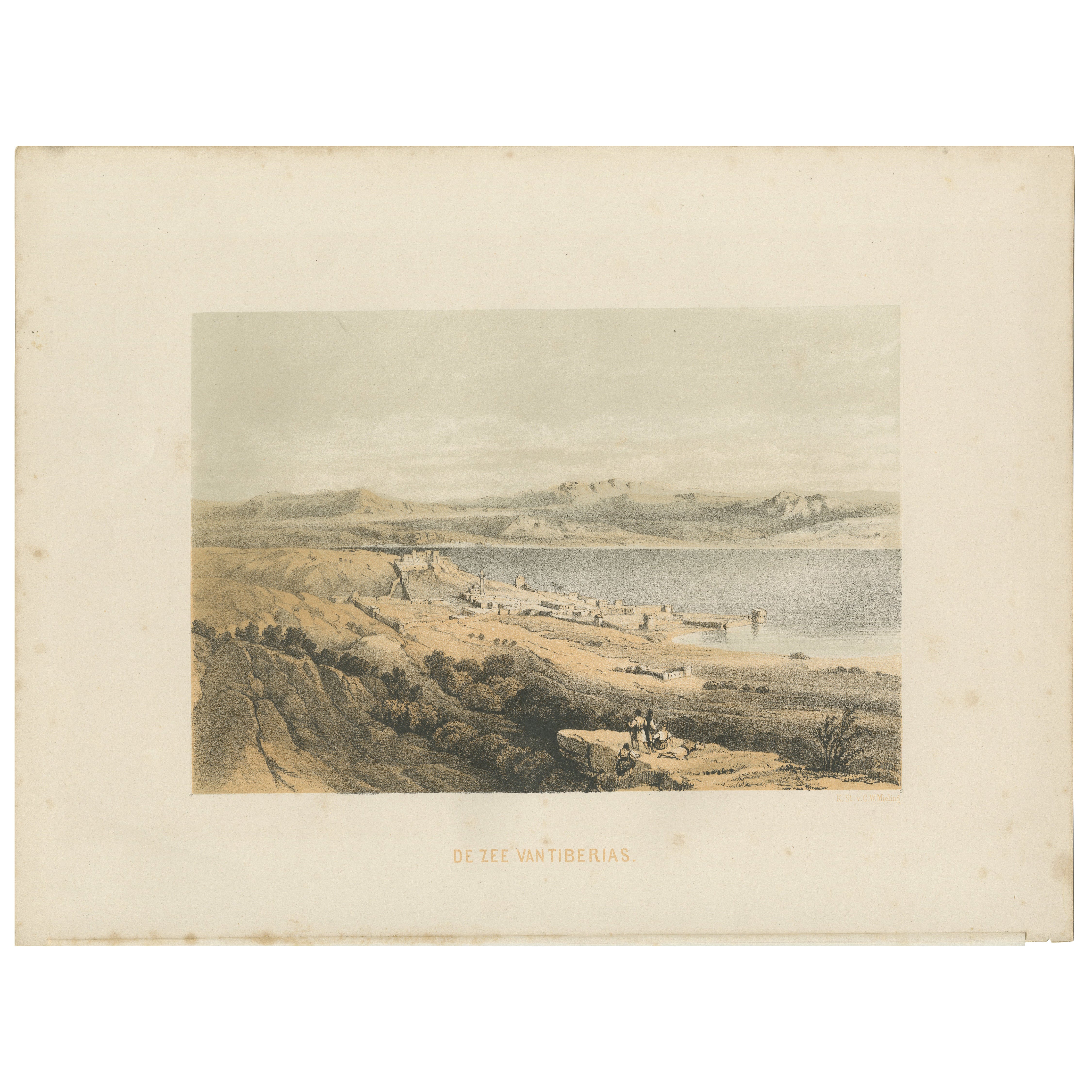 1862 Cromolitografía del Mar de Tiberíades - Paisaje bíblico en Israel
