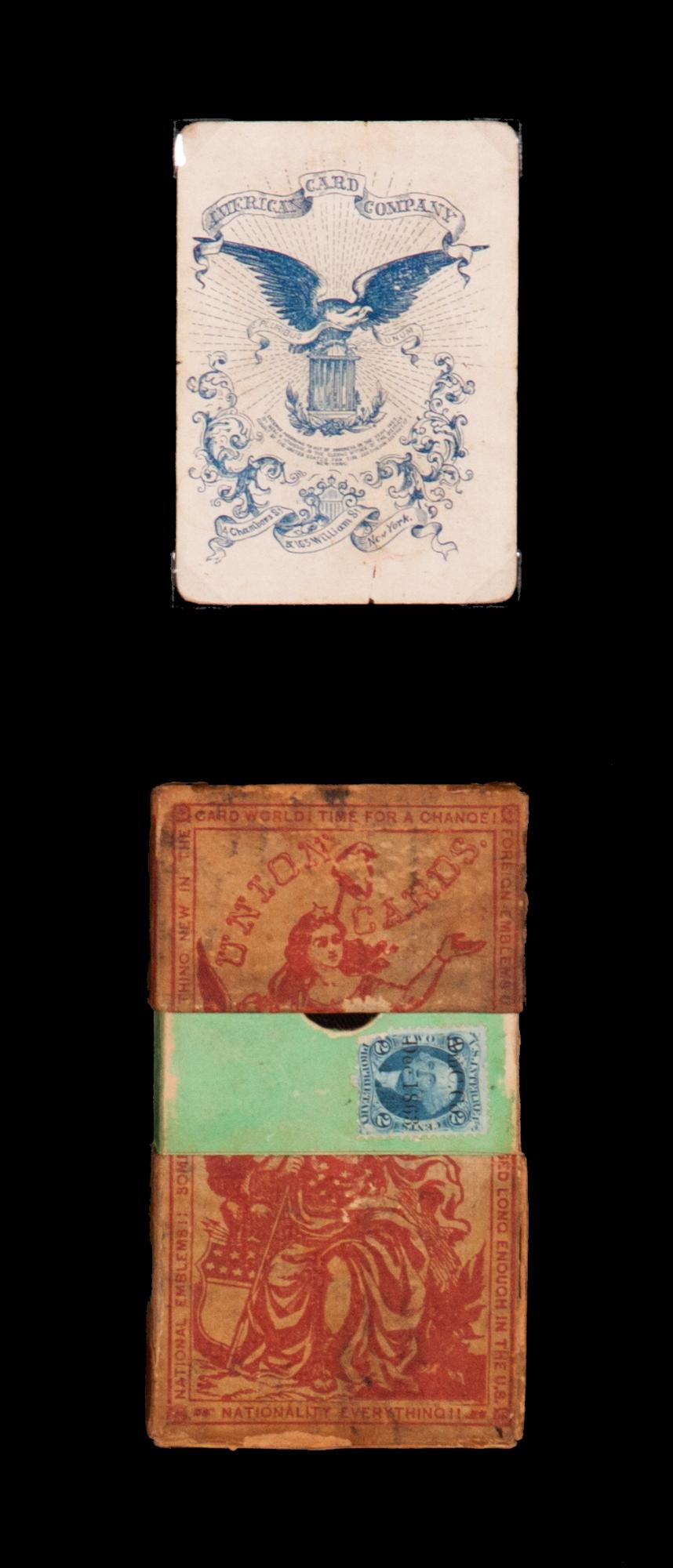 1862 Civil War playing cards with stars, flags, shields, & eagles, and face cards illustrating civil war officers and lady, Columbia, ca 1862, Benjamin Hitchcock, New York

1862 Civil War playing cards with suits represented by stars, flags,