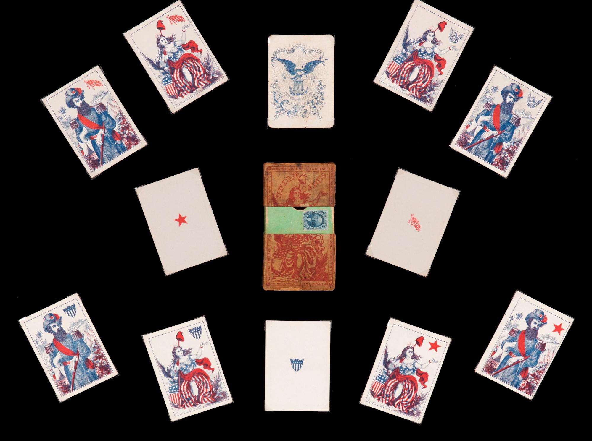 Milieu du XIXe siècle Jouer aux cartes de la guerre civile de 1862 avec étoiles, drapeau, guirlandes et aigles en vente