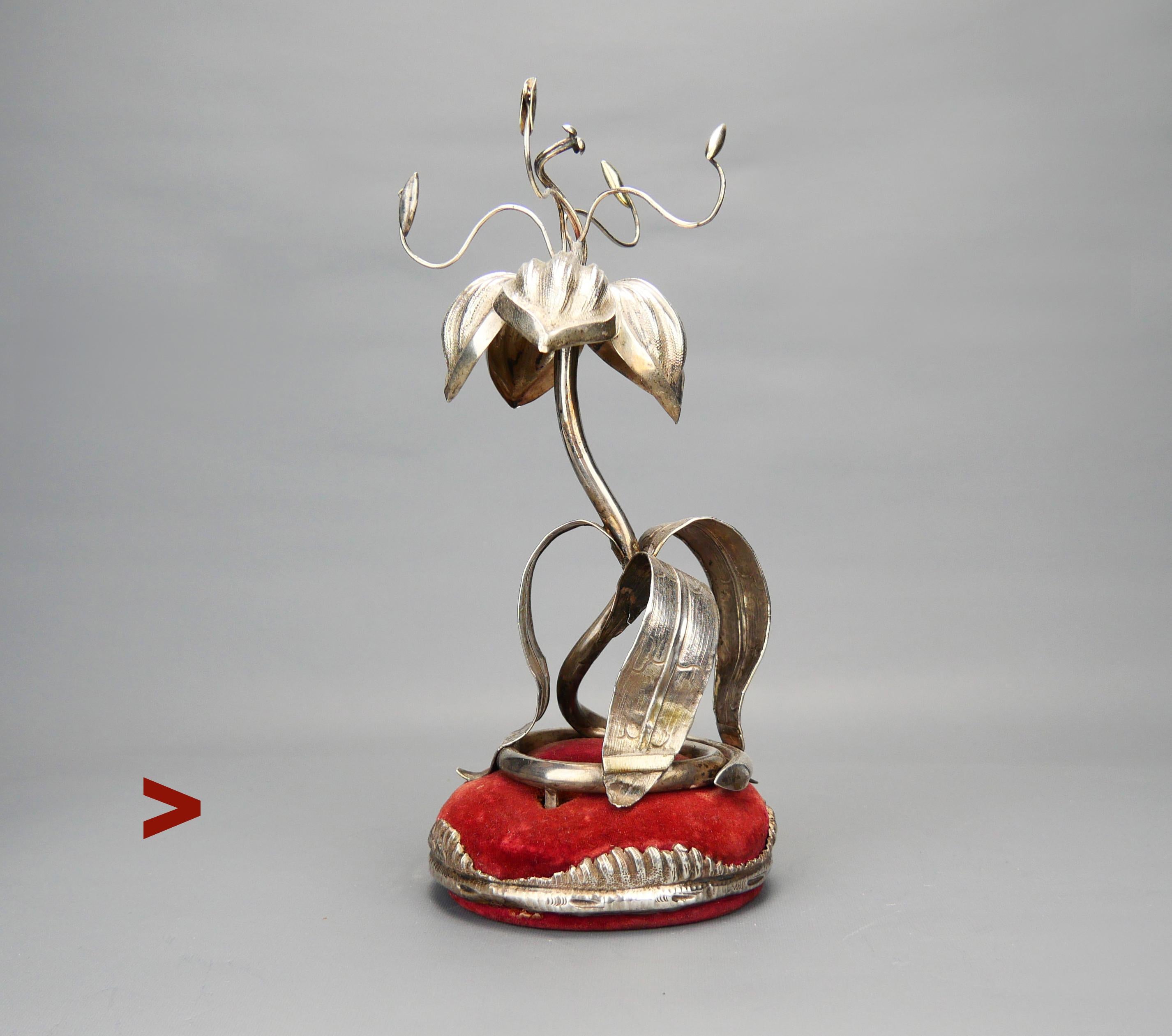 
Unusual, custom hand - made and very likely and one of a  kind Jewelry Flower Stand !  Realistically modeled coiled stem, petals, adjustable filaments with hinged / moving anthers .. Skillfully  forged, assembled and chased  163 years ago in high