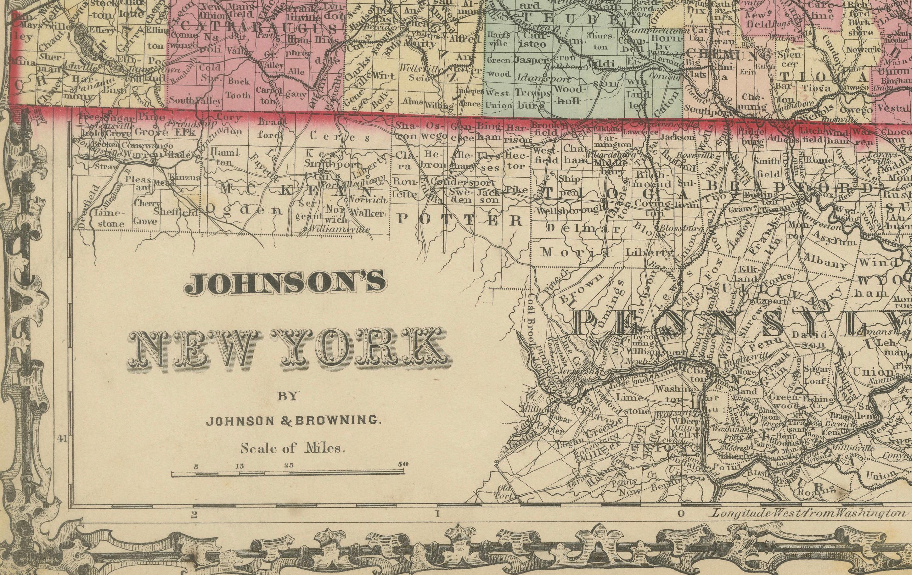 Carte de l'État de New York de 1862 par Johnson & Browning État moyen - En vente à Langweer, NL