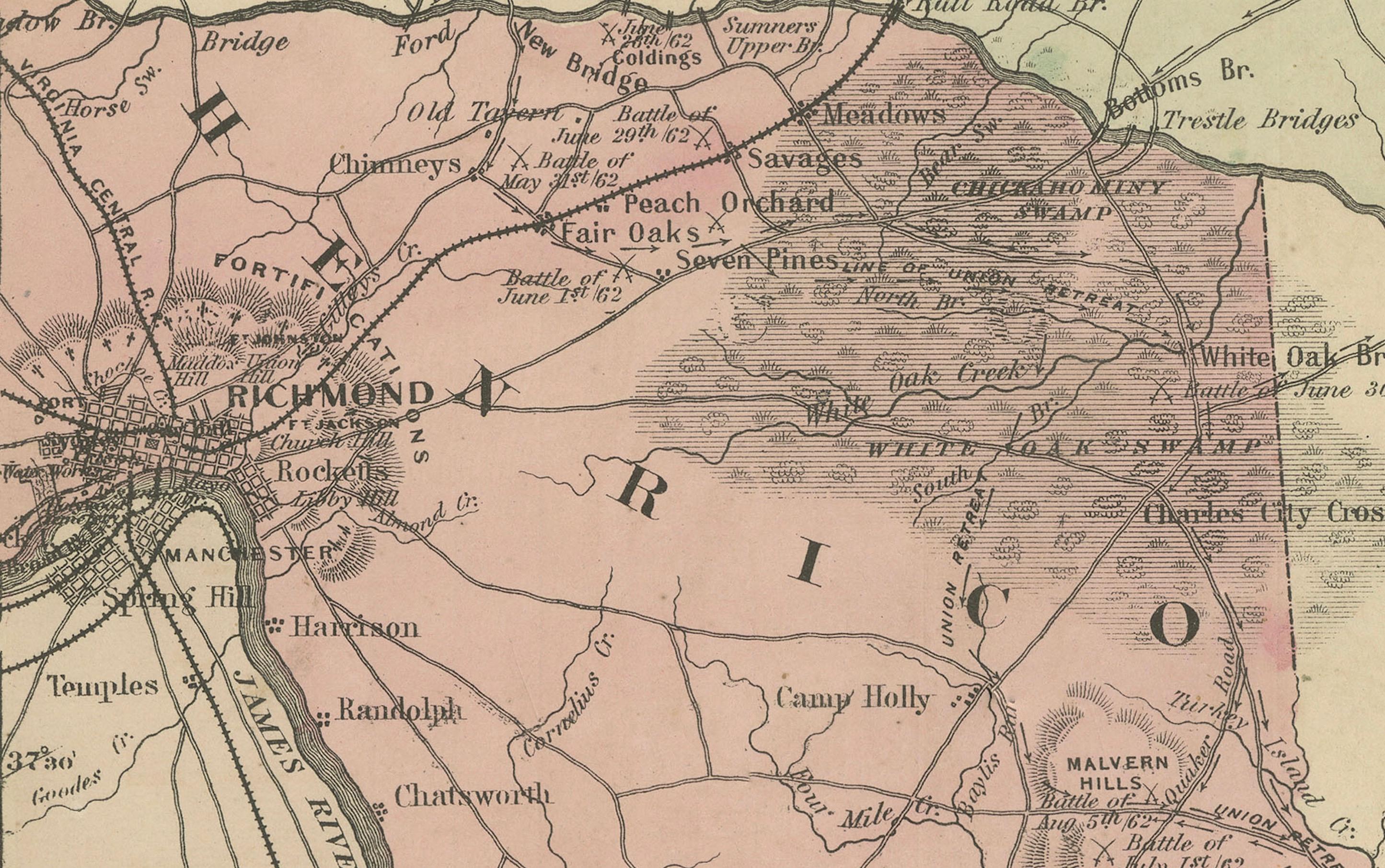Titolo: Mappa di Johnson del 1862 delle vicinanze di Richmond e della Campaigner peninsulare, Virginia

Descrizione: Questa mappa del 1862 intitolata 