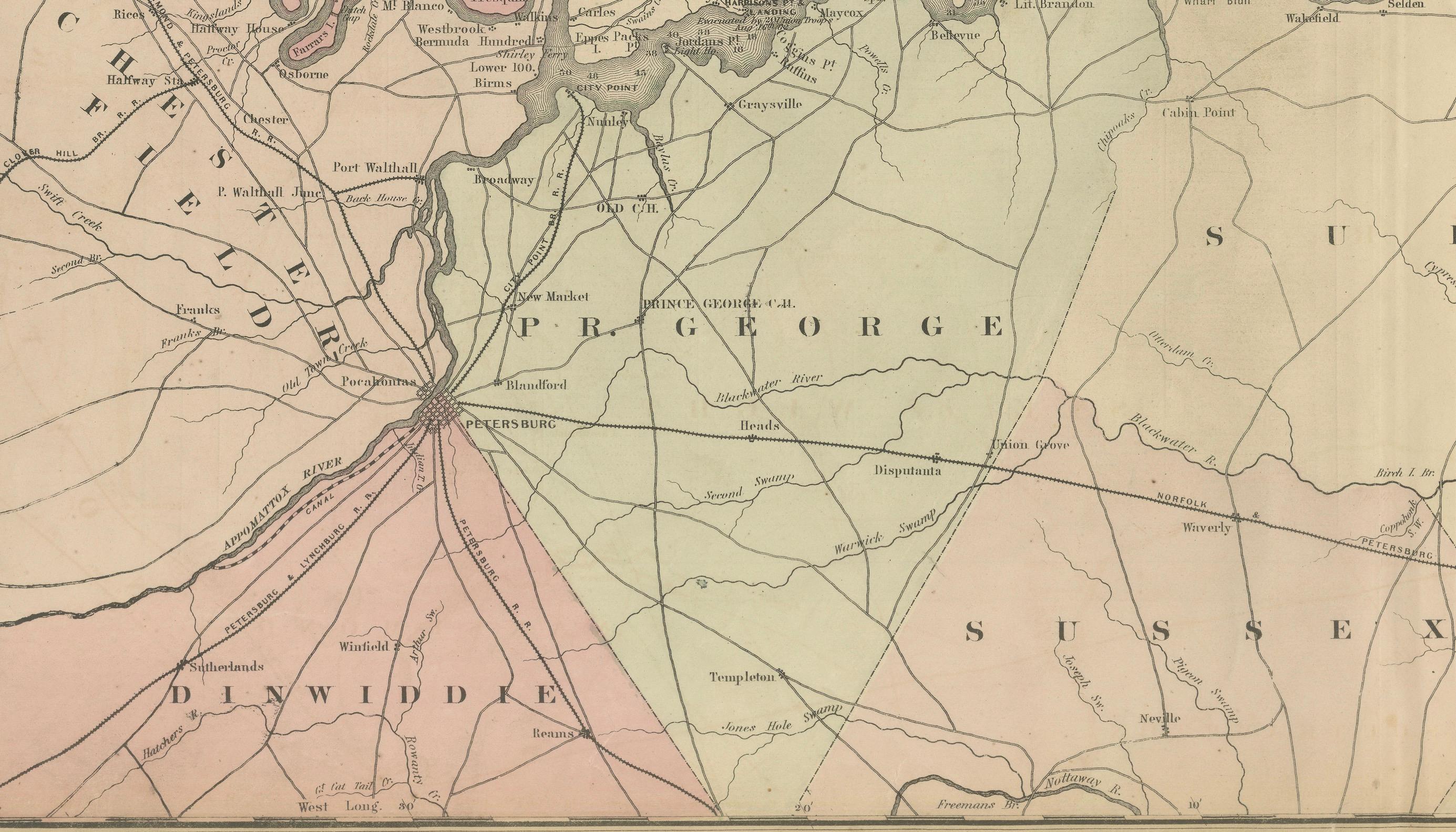 Mappa del 1862 di Johnson delle vicinanze di Richmond e della Campaigner peninsulare, Virginia In condizioni buone in vendita a Langweer, NL