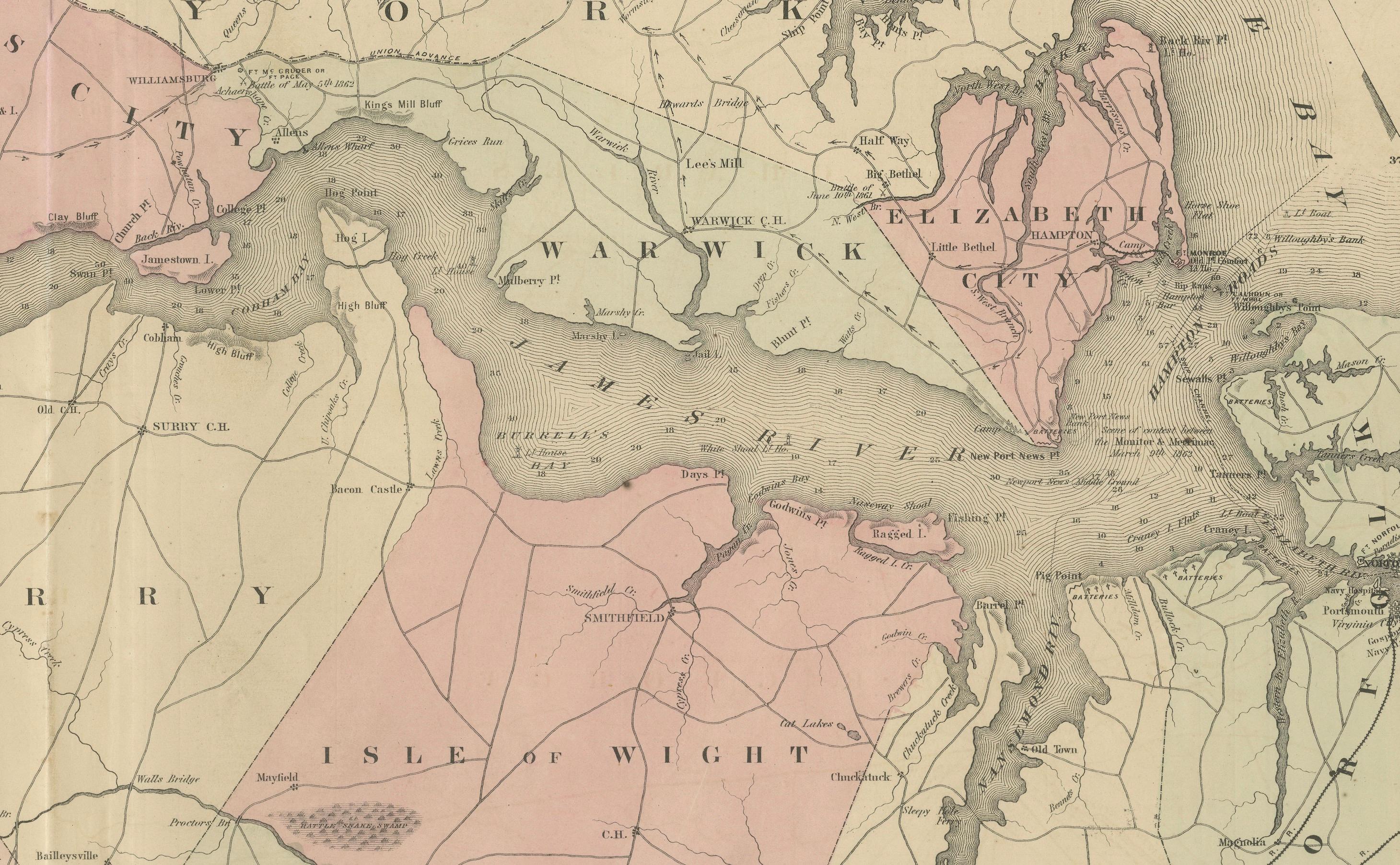 Metà XIX secolo Mappa del 1862 di Johnson delle vicinanze di Richmond e della Campaigner peninsulare, Virginia in vendita