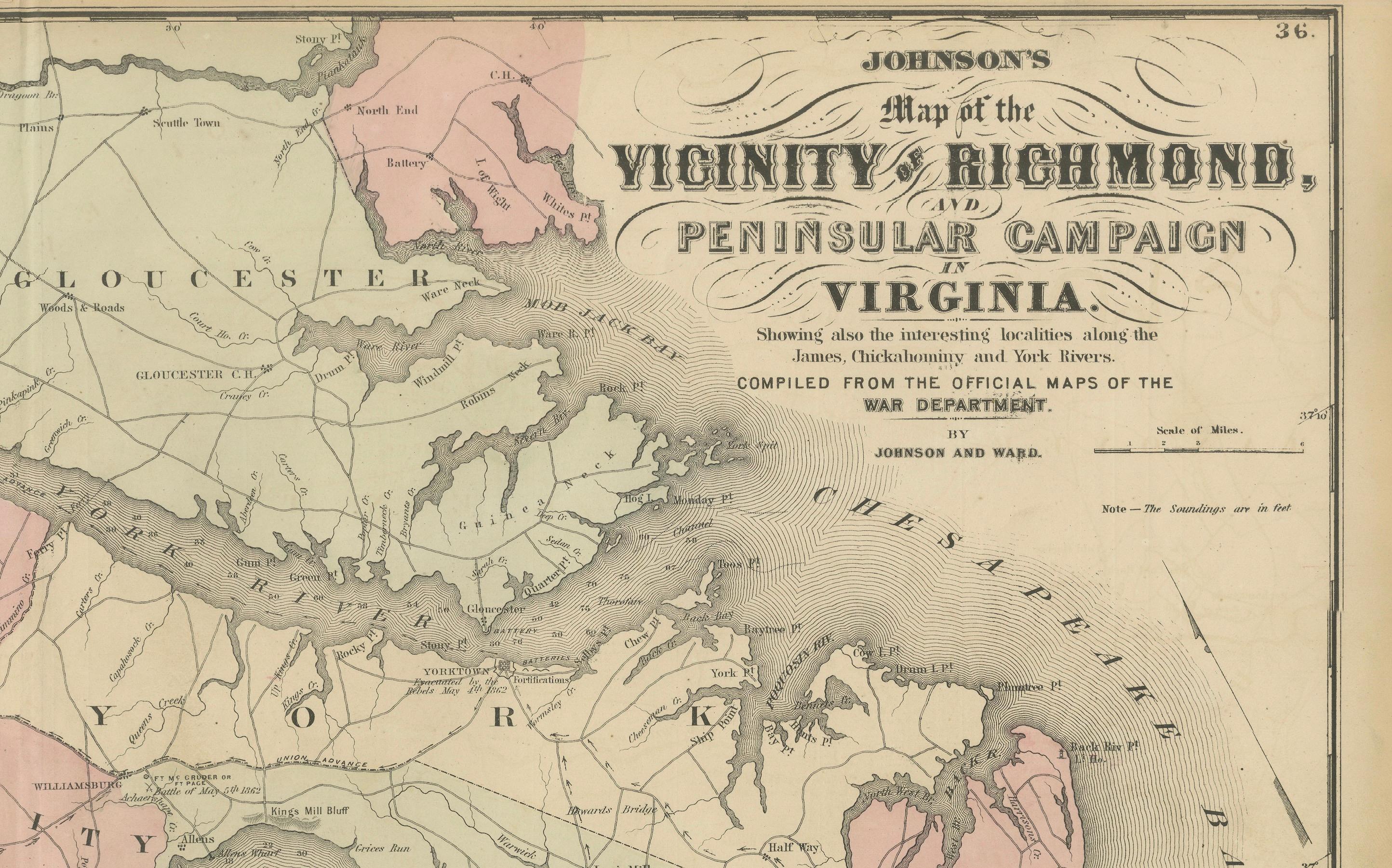 Carta Mappa del 1862 di Johnson delle vicinanze di Richmond e della Campaigner peninsulare, Virginia in vendita