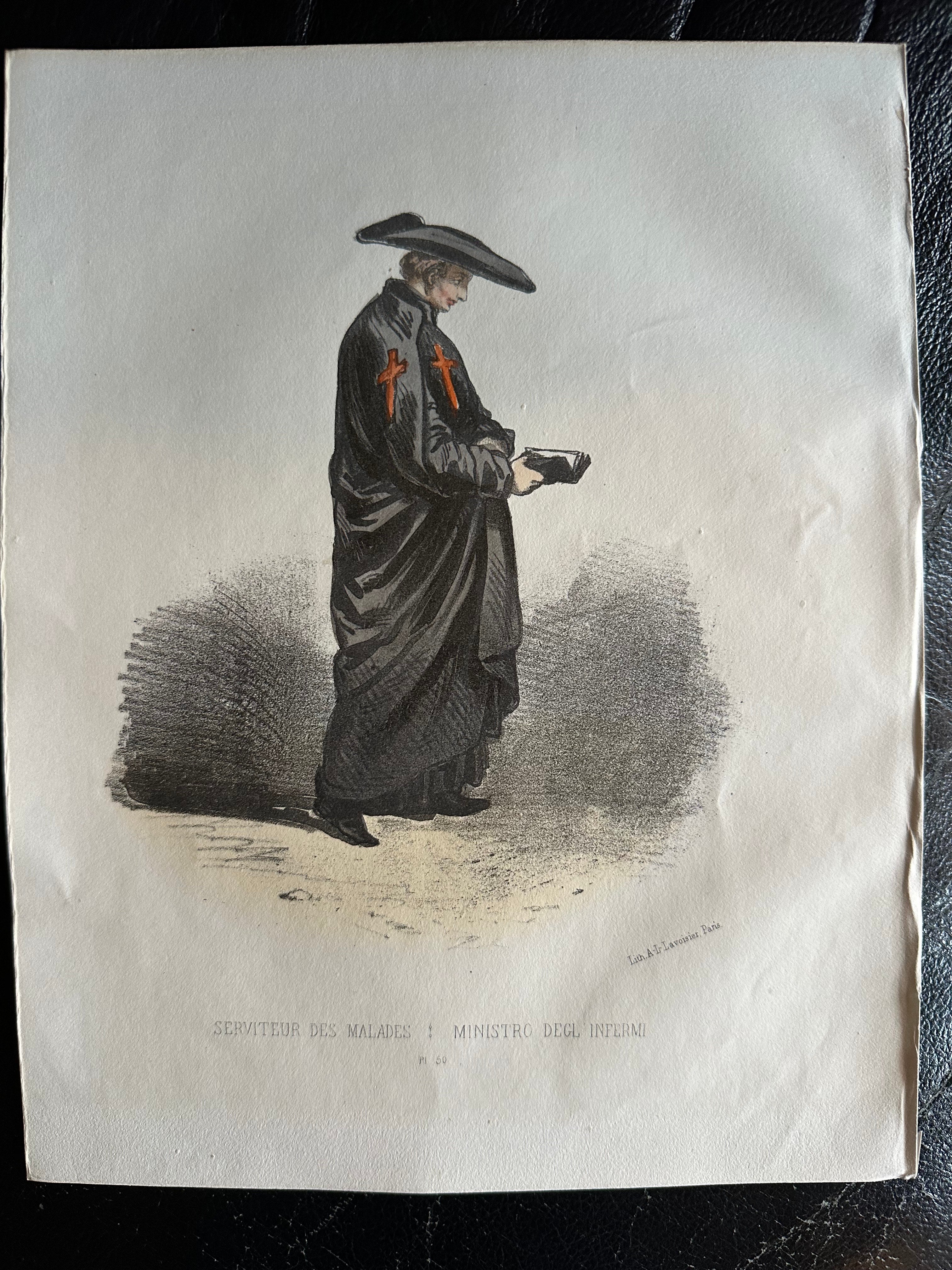 Caregiver of the Sick: Compassion in Action, Plate 60  
*  
This striking lithograph features a caregiver of the sick, clad in solemn black robes adorned with vivid red crosses on the sleeves, symbolizing his dedication to healing and spiritual