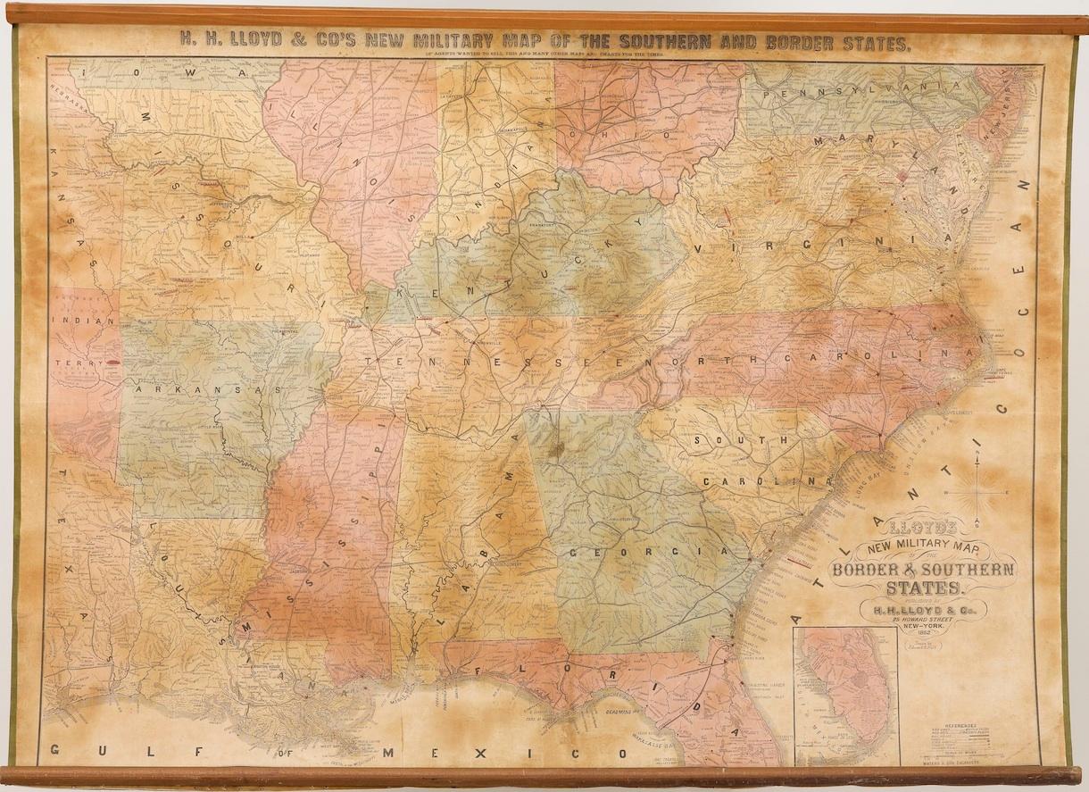 This hanging military wall map of the eastern half of United States was published by H.H. Lloyd & Co., in New York, in 1862. The map shows America during the Civil War, from the lower border of the Union to the eastern edge of Texas, thus showing