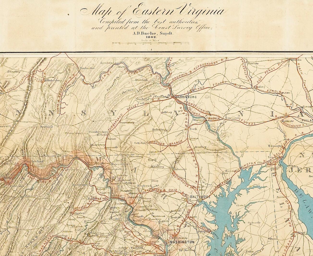 This is an 1862 map of Eastern Virginia, compiled by Walter L. Nicholson for the U.S. Coast Survey. This large chromolithographed pocket map covers the area from the Chesapeake Bay to Lexington, VA. The map was originally issued folding into a
