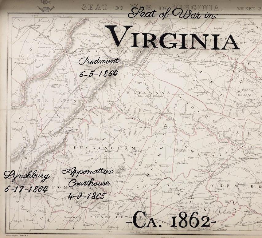 This informative map of the Seat of War in Virginia, sheet 3 spans the area from Petersburg and Richmond, reaching west to Lynchburg and Staunton. A British published map, this was one in a series of three maps of the Virginia and Maryland area. The