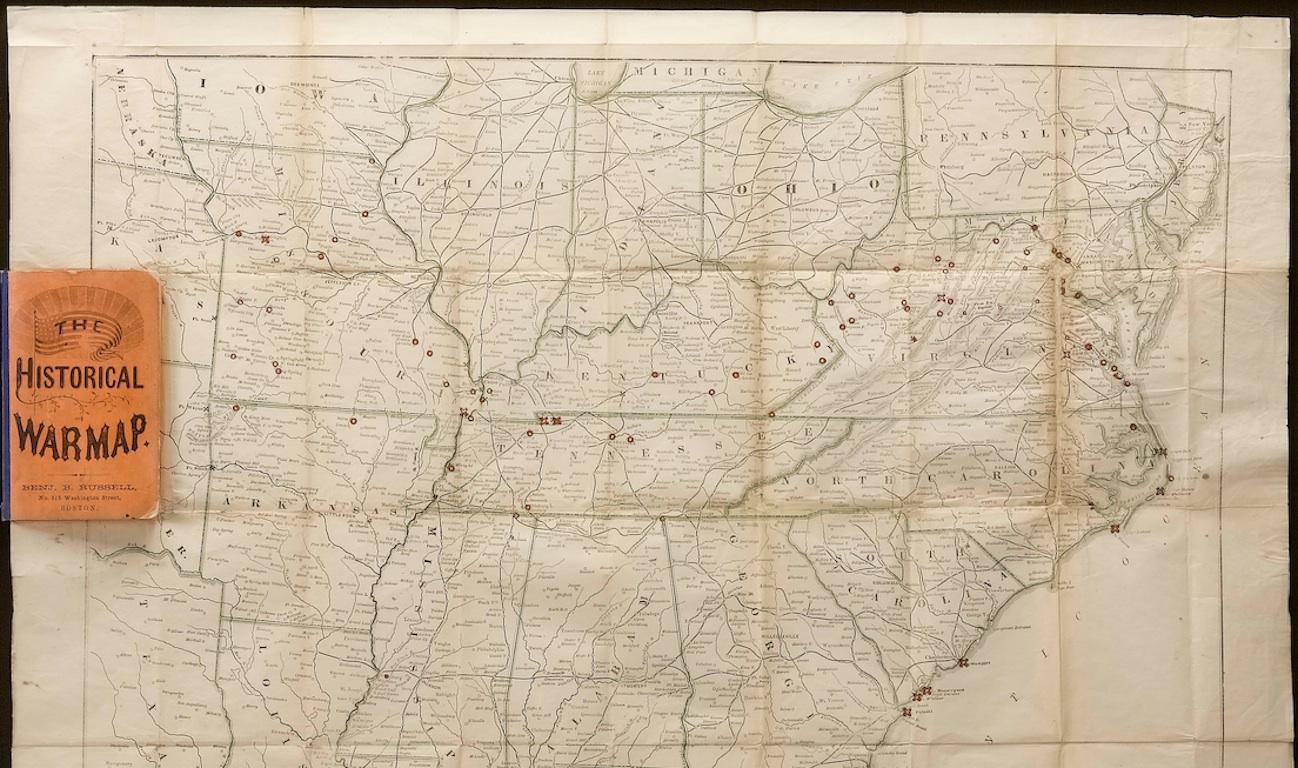 This is Asher & Company’s second issue of the scarce pocket map of the Civil War. This map features the region involved in the Civil War with highlighted battlefields throughout the east coast. This map shows all the events of the war, up until