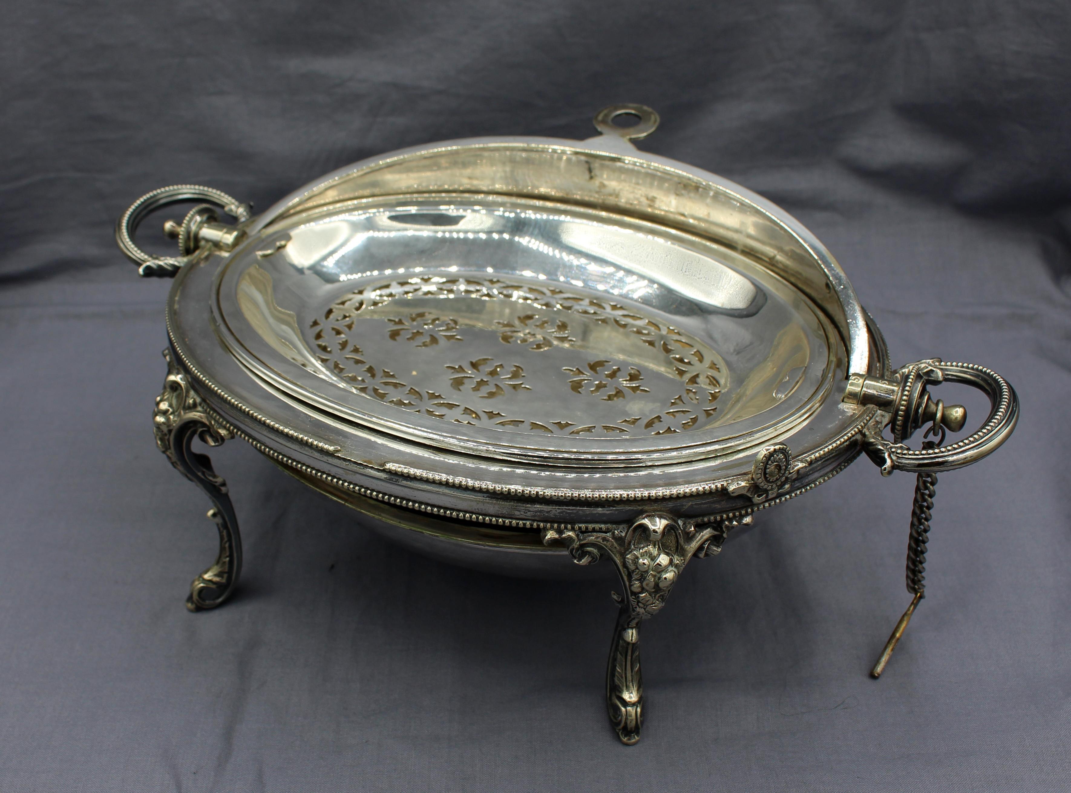 1863-1894 Mappin Brothers breakfast or hunt tureen. Designed in classical taste. Complete with drip trays & locking pin. Silver on nickel silver. Marked: Mappin Brothers, 222 Regent Street and London Bridge