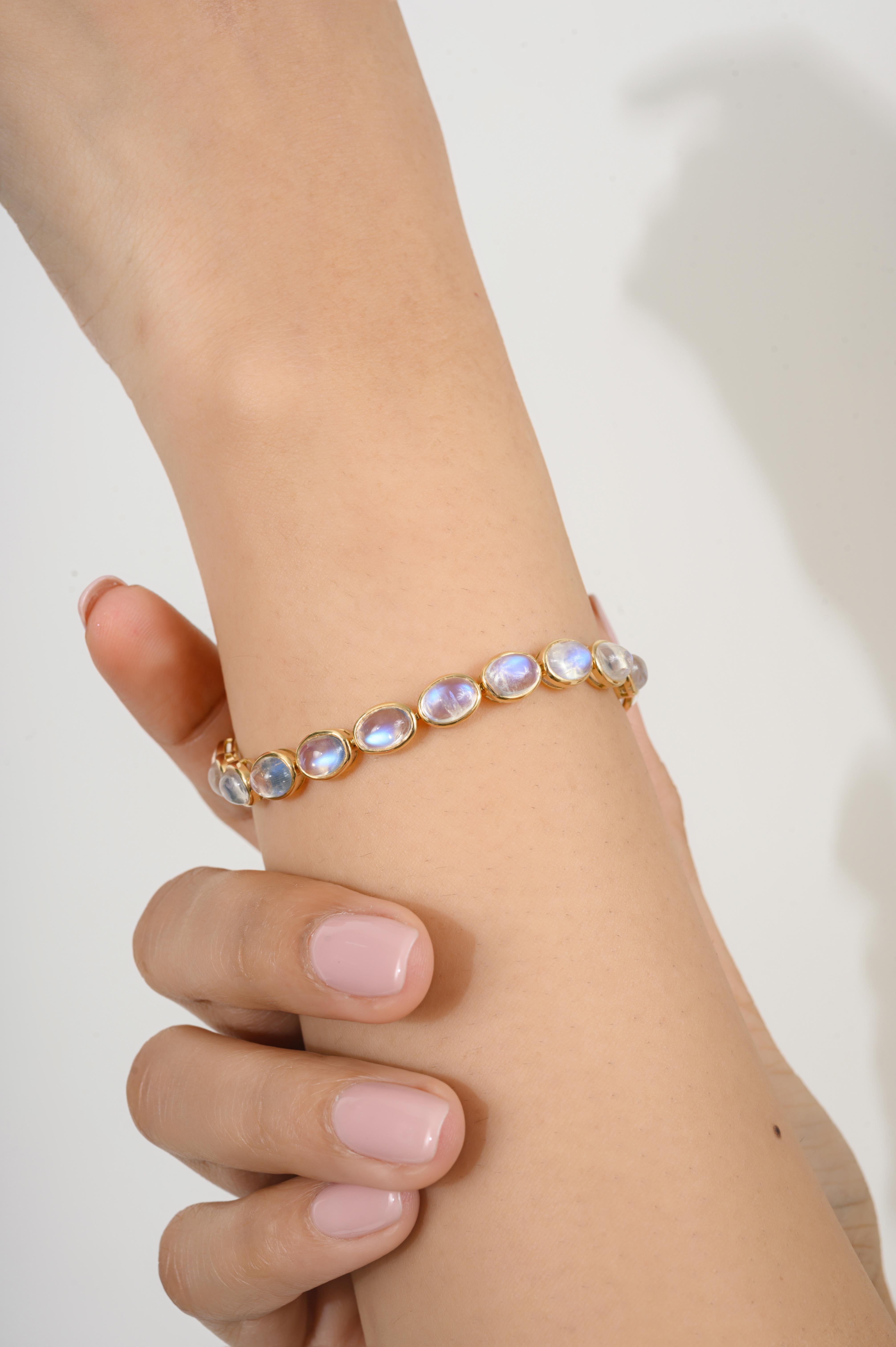 This 18.63 Carats Oval Rainbow Moonstone Tennis Bracelet in 18K gold showcases 18.63 carats endlessly sparkling natural rainbow moonstone. It measures 7.5 inches long in length. 
Rainbow moonstone can help you attract the right people into your life