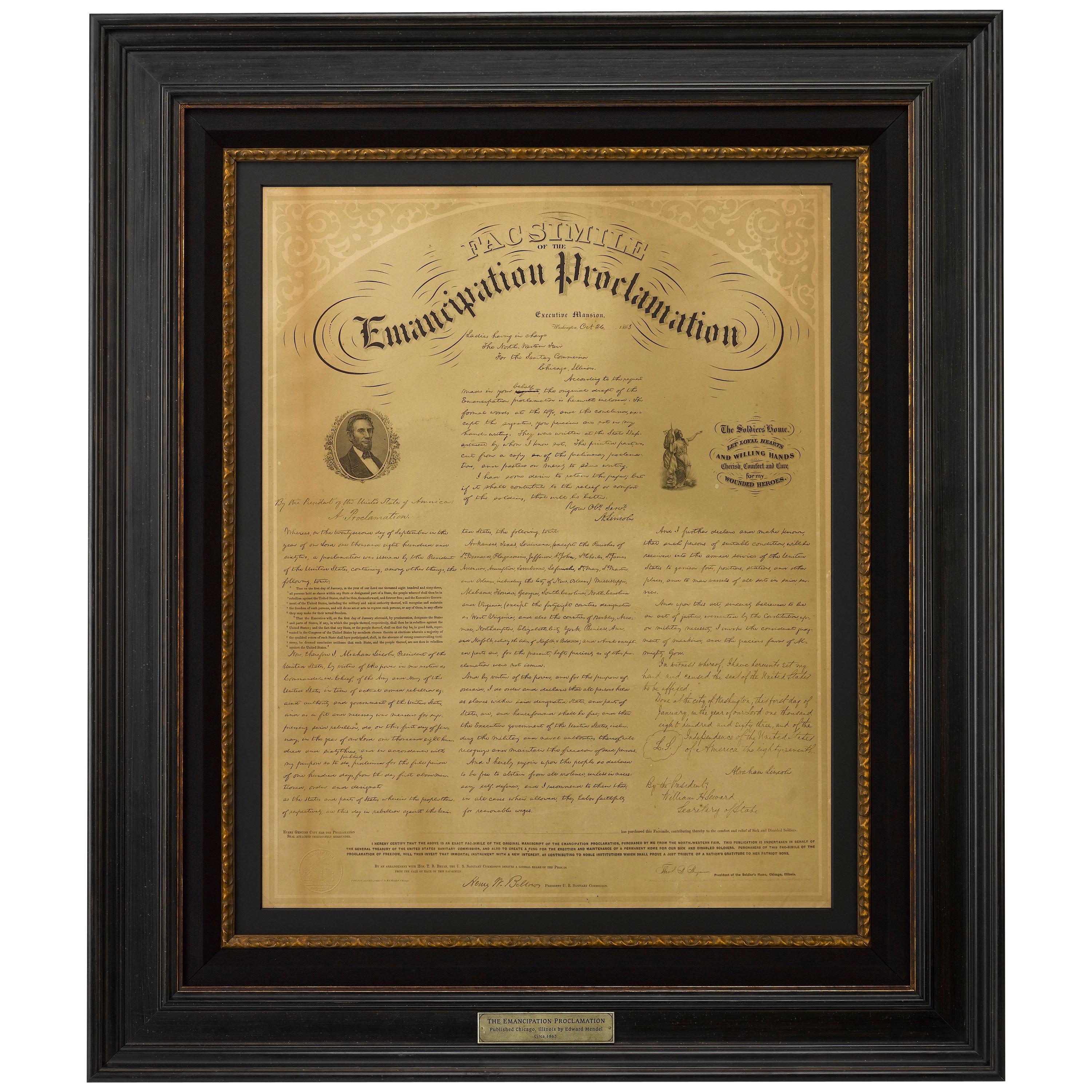 1863 "Facsimile Emancipation Proclamation" Antique Broadside by Edward Mendel