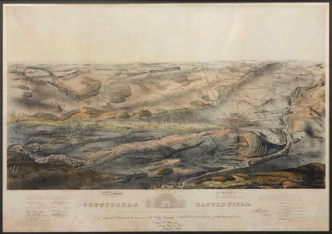 This is one of the finest early depictions of the largest and bloodiest battle ever fought on American soil, believed by many to have marked the turning point of the Civil War. This large lithograph bird’s-eye plan shows a panoramic view of the