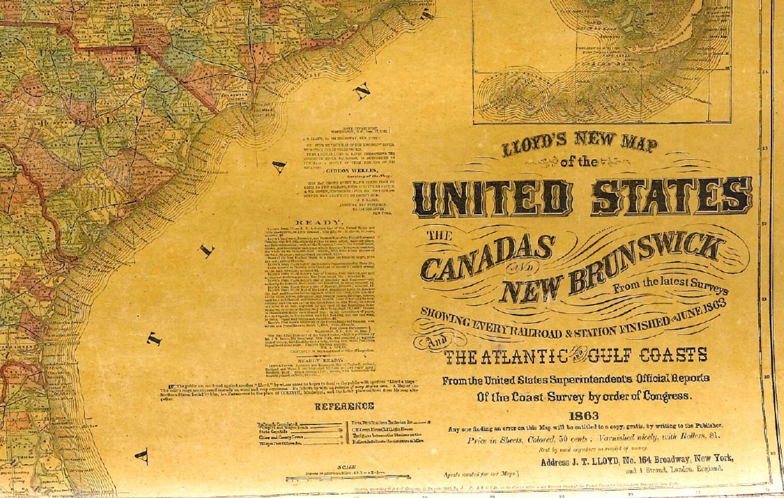 Presented is “Lloyd's New Map of the United States, the Canadas and New Brunswick, From the latest Surveys, Showing Every Railroad & Station Finished to June 1863, and the Atlantic and Gulf Coasts.” A large, Civil War-era hanging map of the United