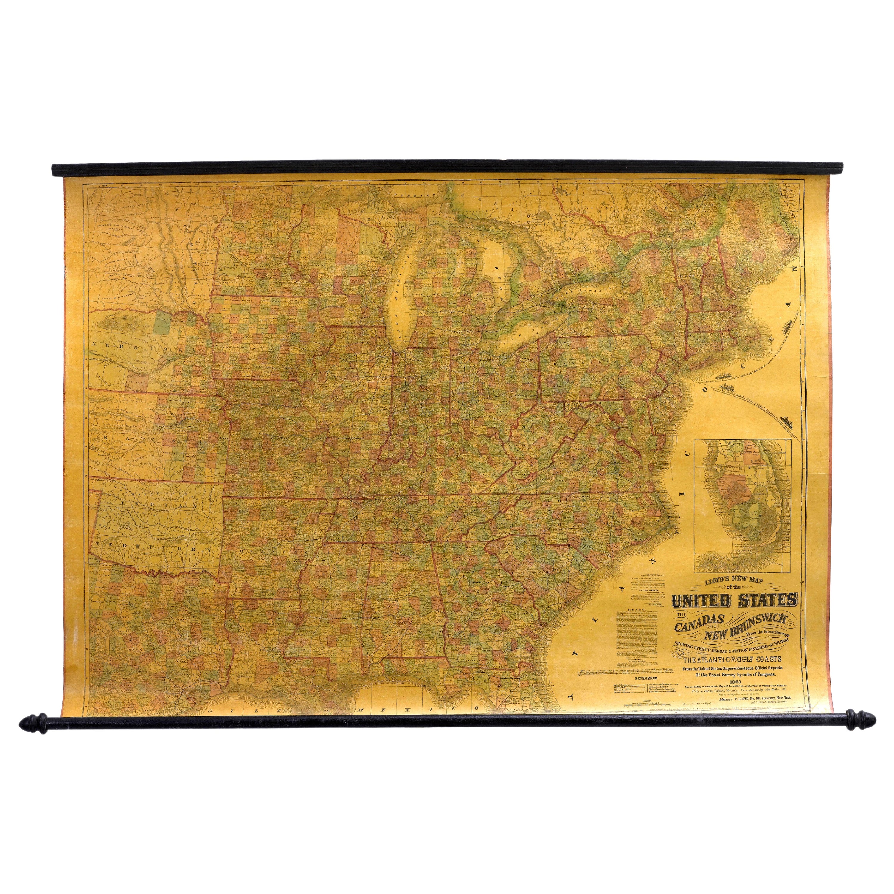 1863 "Lloyd's New Map of the United States, the Canadas, and New Brunswick" (Nouvelle carte de Lloyd des États-Unis, des Canadas et du Nouveau-Brunswick)