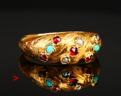 1863 Bombe Ring natural Gems Seed Pearls solid 18K Gold Ø US5.75 / 1.7 gr