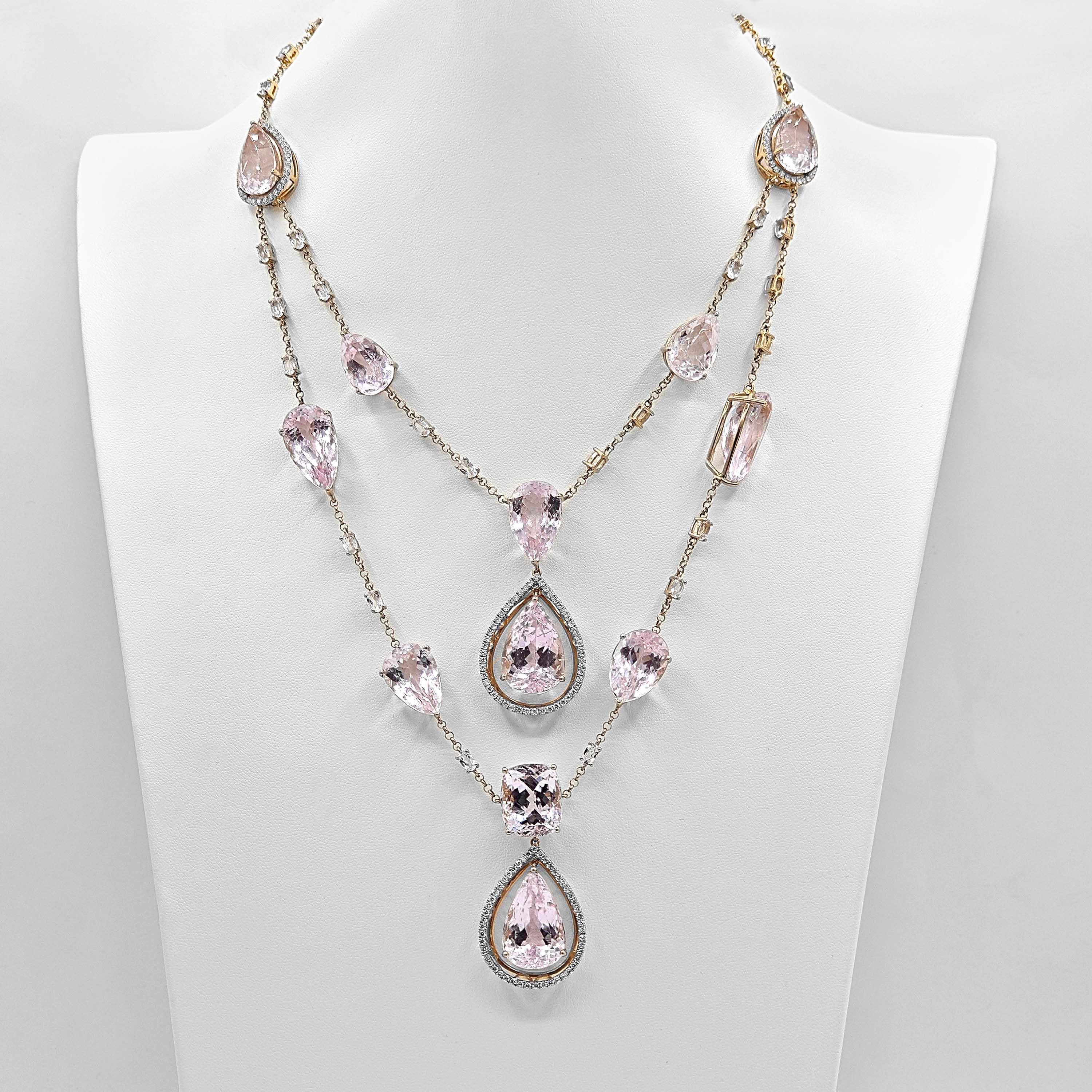 Mixed Cut 186.34 Carat Topaz and Kunzite and Diamond Rose Gold Necklace For Sale