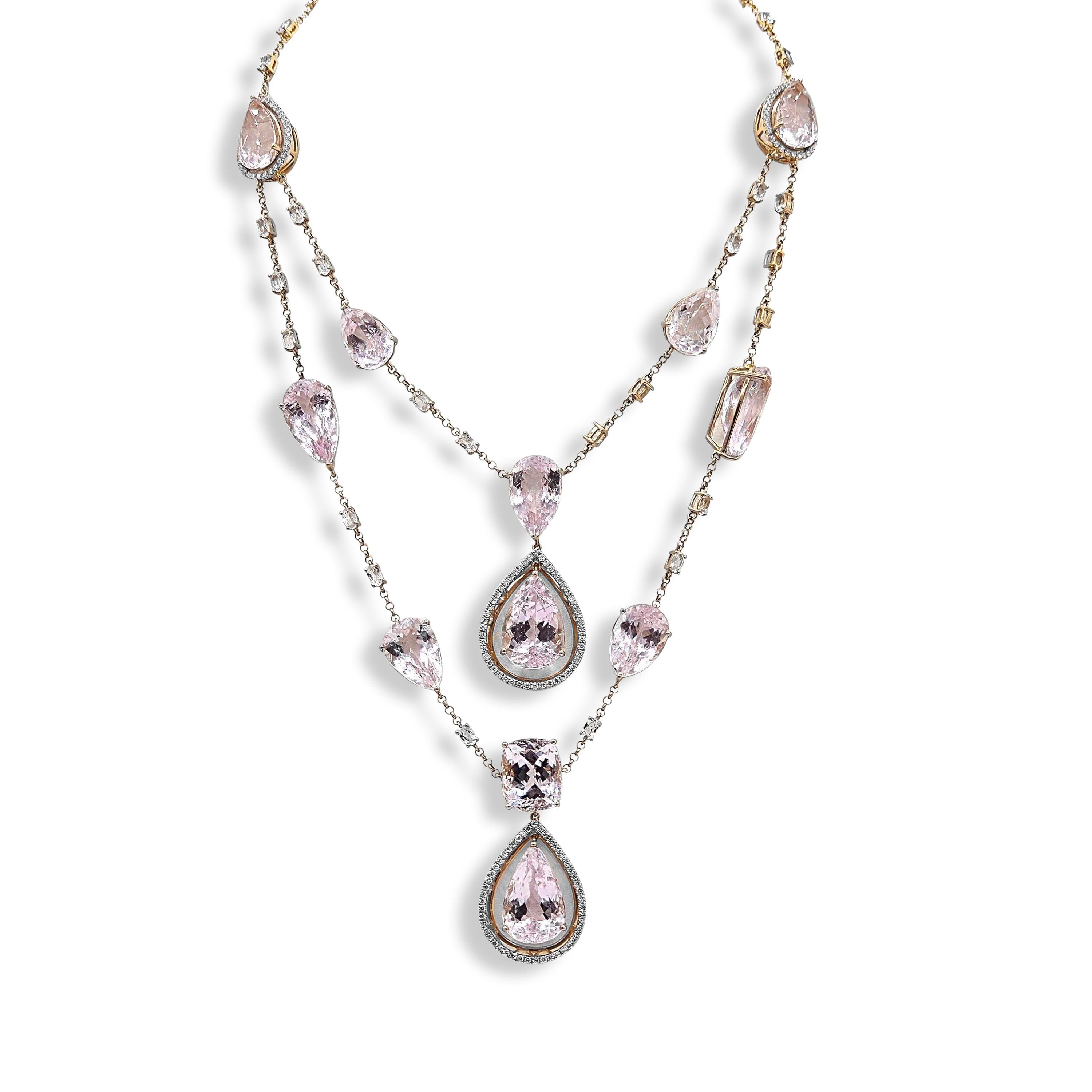 186.34 Carat Topaz and Kunzite and Diamond Rose Gold Necklace In New Condition For Sale In New York, NY