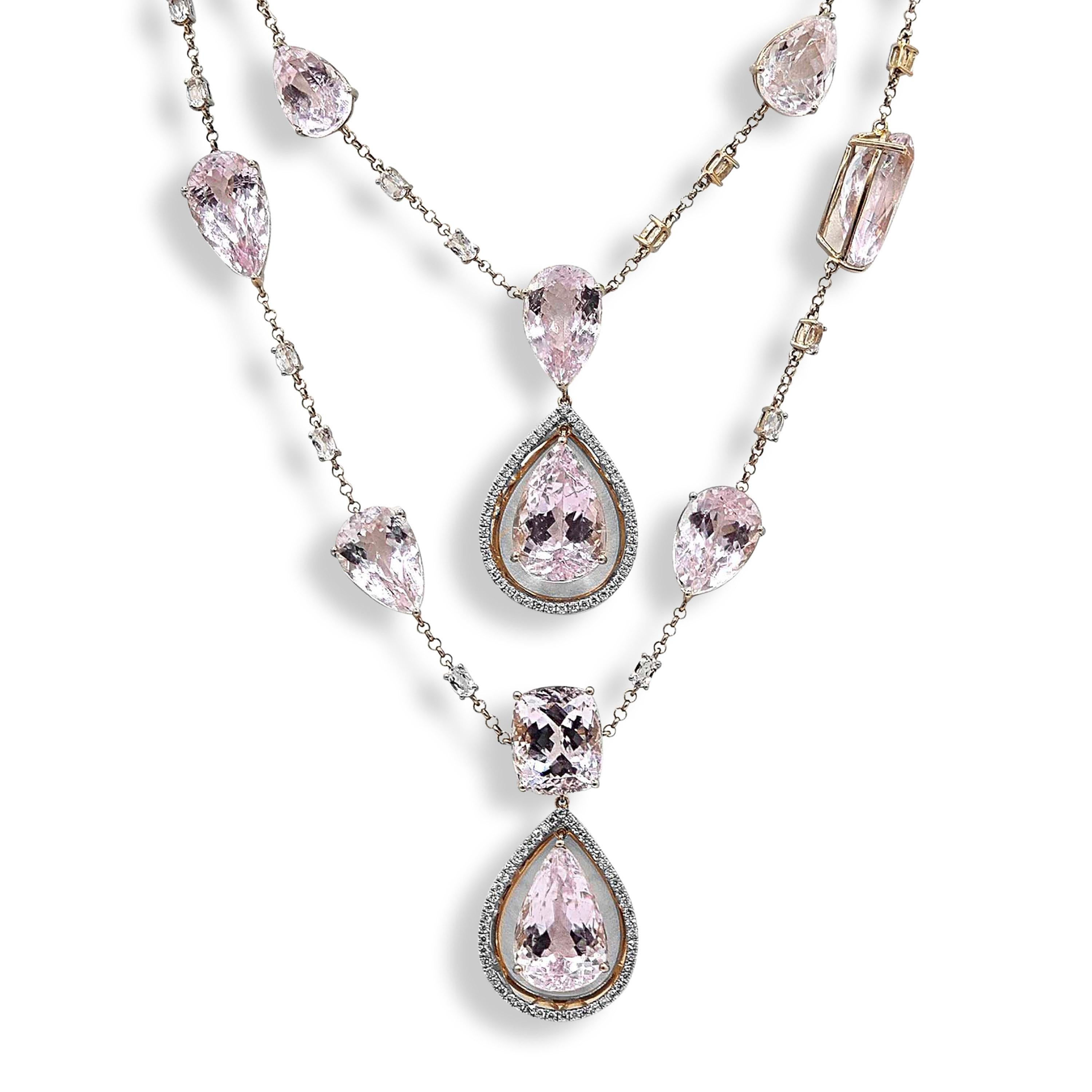 Women's 186.34 Carat Topaz and Kunzite and Diamond Rose Gold Necklace For Sale