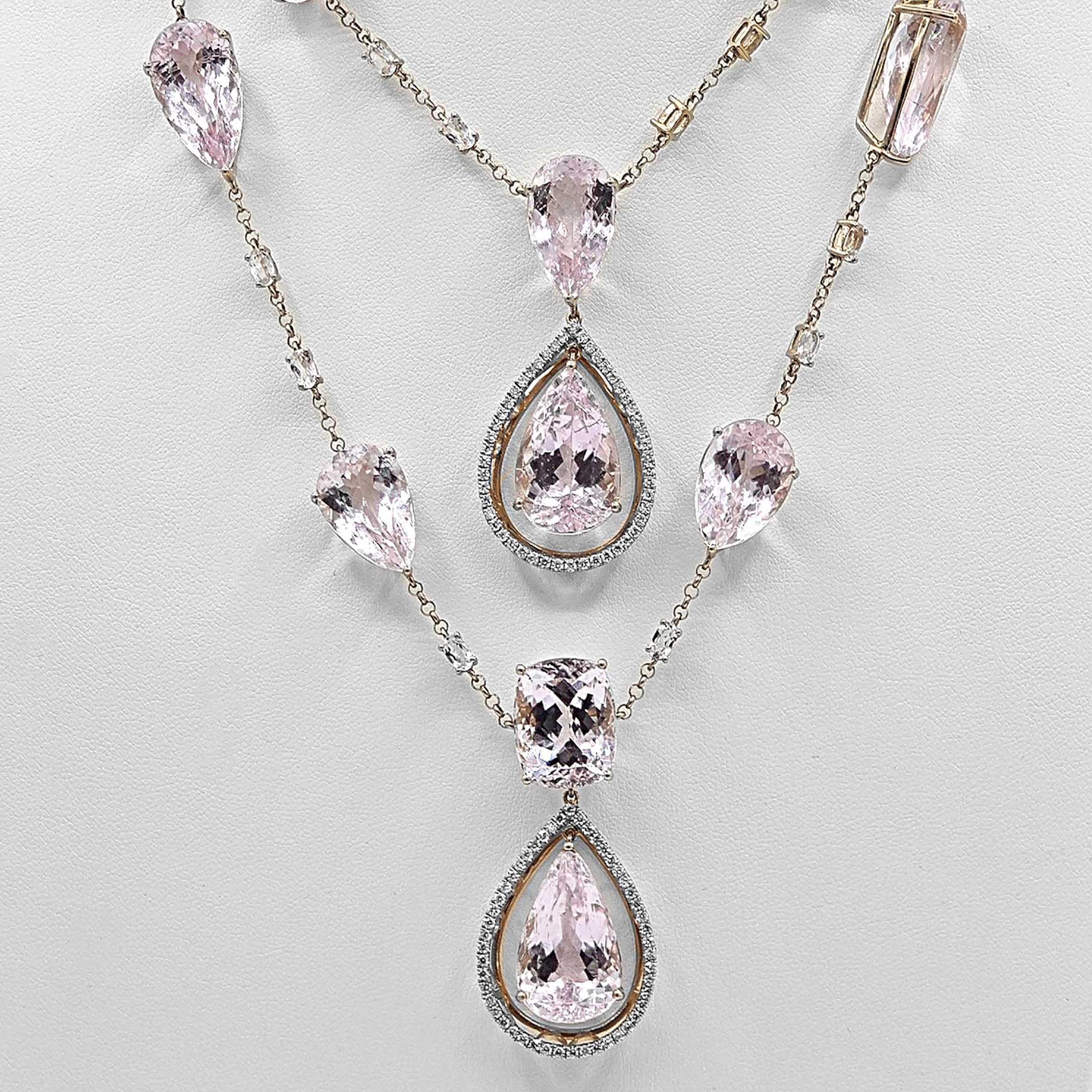 186.34 Carat Topaz and Kunzite and Diamond Rose Gold Necklace For Sale 1