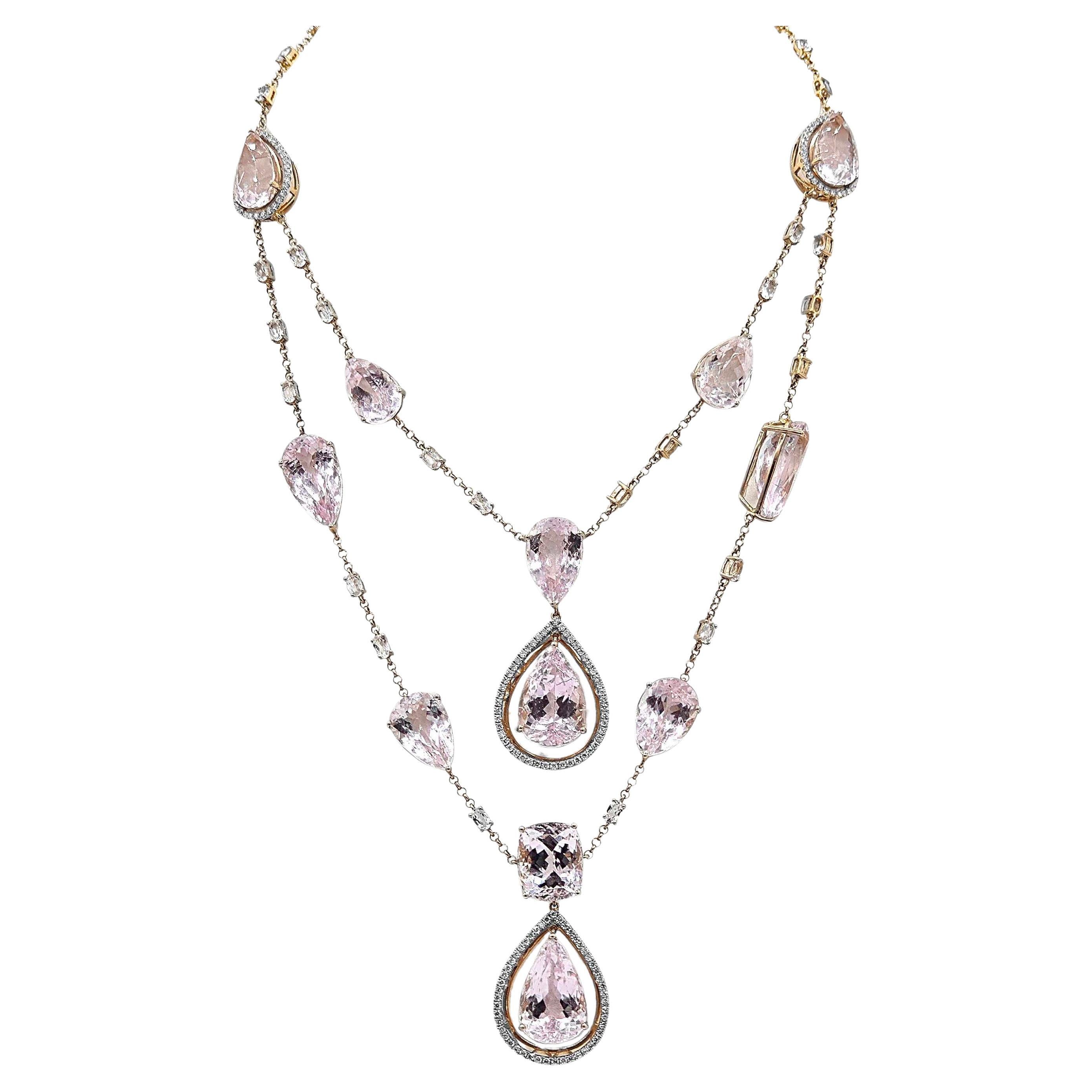 186.34 Carat Topaz and Kunzite and Diamond Rose Gold Necklace For Sale