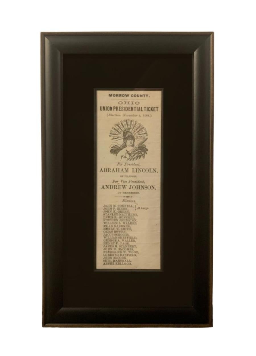 Presented is an original soldier’s ballot for the 1864 American presidential election. The ballot is from Binton County, Ohio. The paper ticket is printed with an allegorical representation of “Liberty,” holding an American flag and a sword labeled