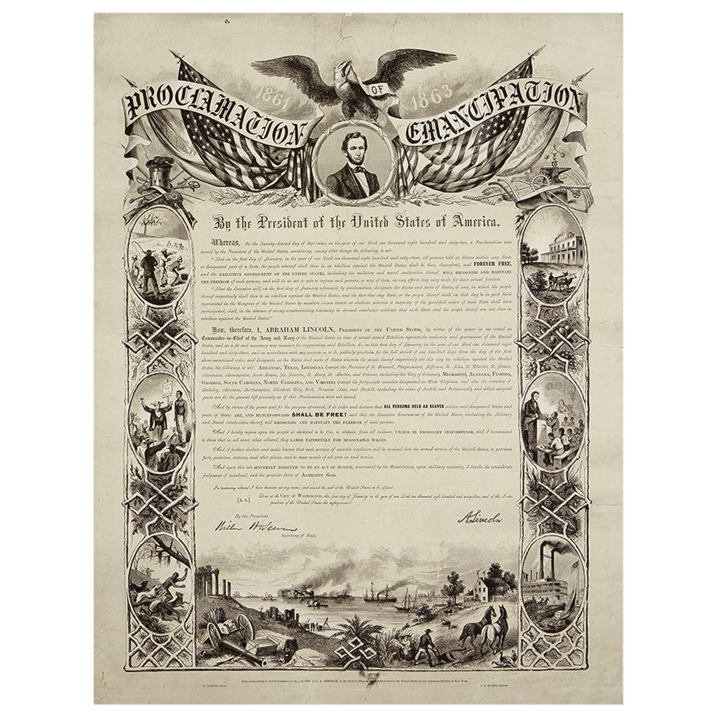 1864 Abraham Lincoln's Emancipation Proclamation, Antique Engraving by W Roberts