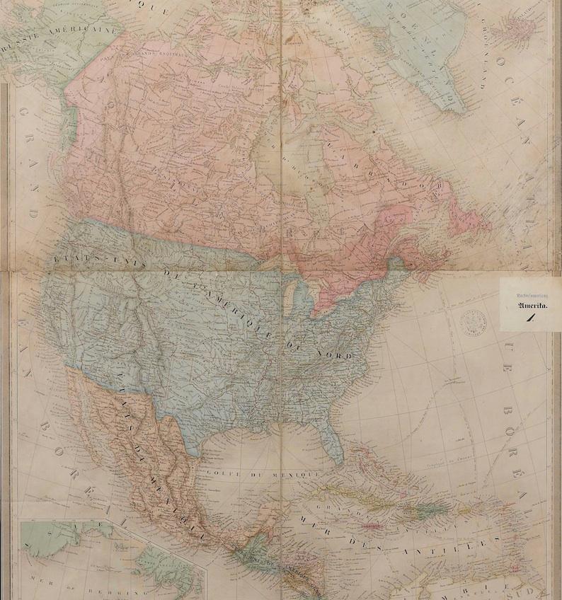 Offered is a map of North America entitled Amerique du Nord from 1864. This rare, separately published wall map was produced by Adolphe Hippolyte Dufour. This map includes vibrant and elaborate hand-coloring within country borders, as well as