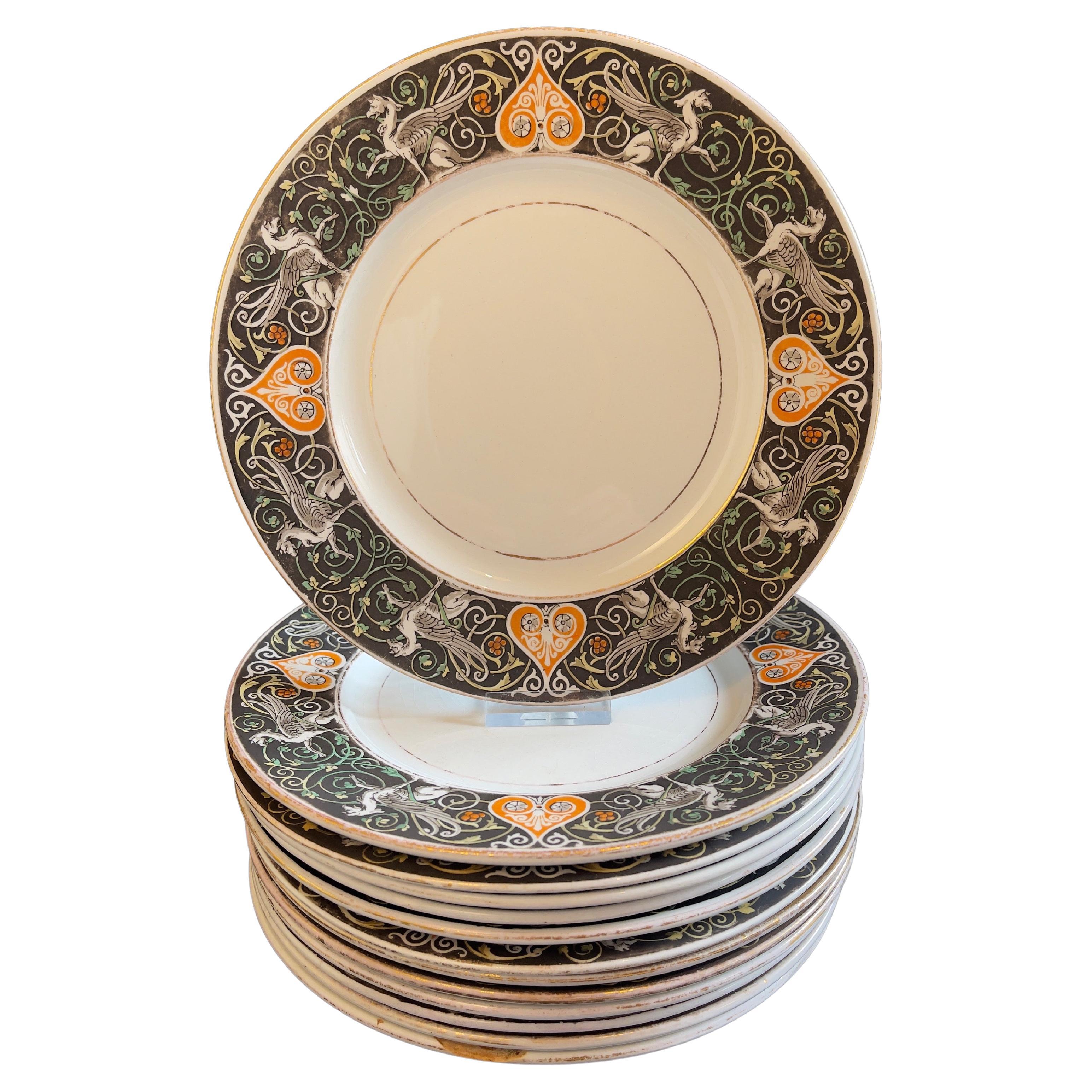 1864 Antique Dessert Plates with Griffin, Villeroy 
Boch, Rarity Full Set of 12