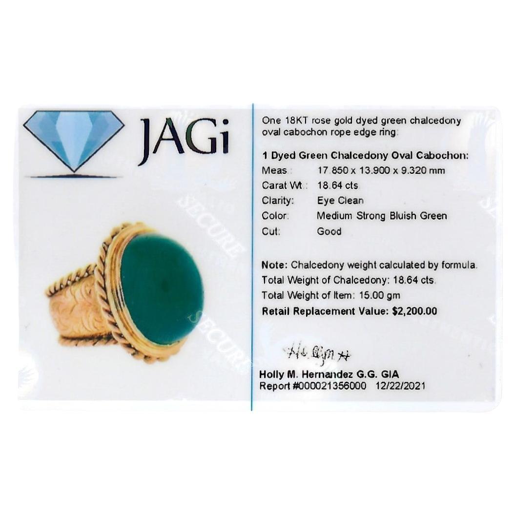 18.64 Carat Oval Cabochon Green Chalcedony Cocktail Ring in 18 Karat Rose Gold For Sale 5