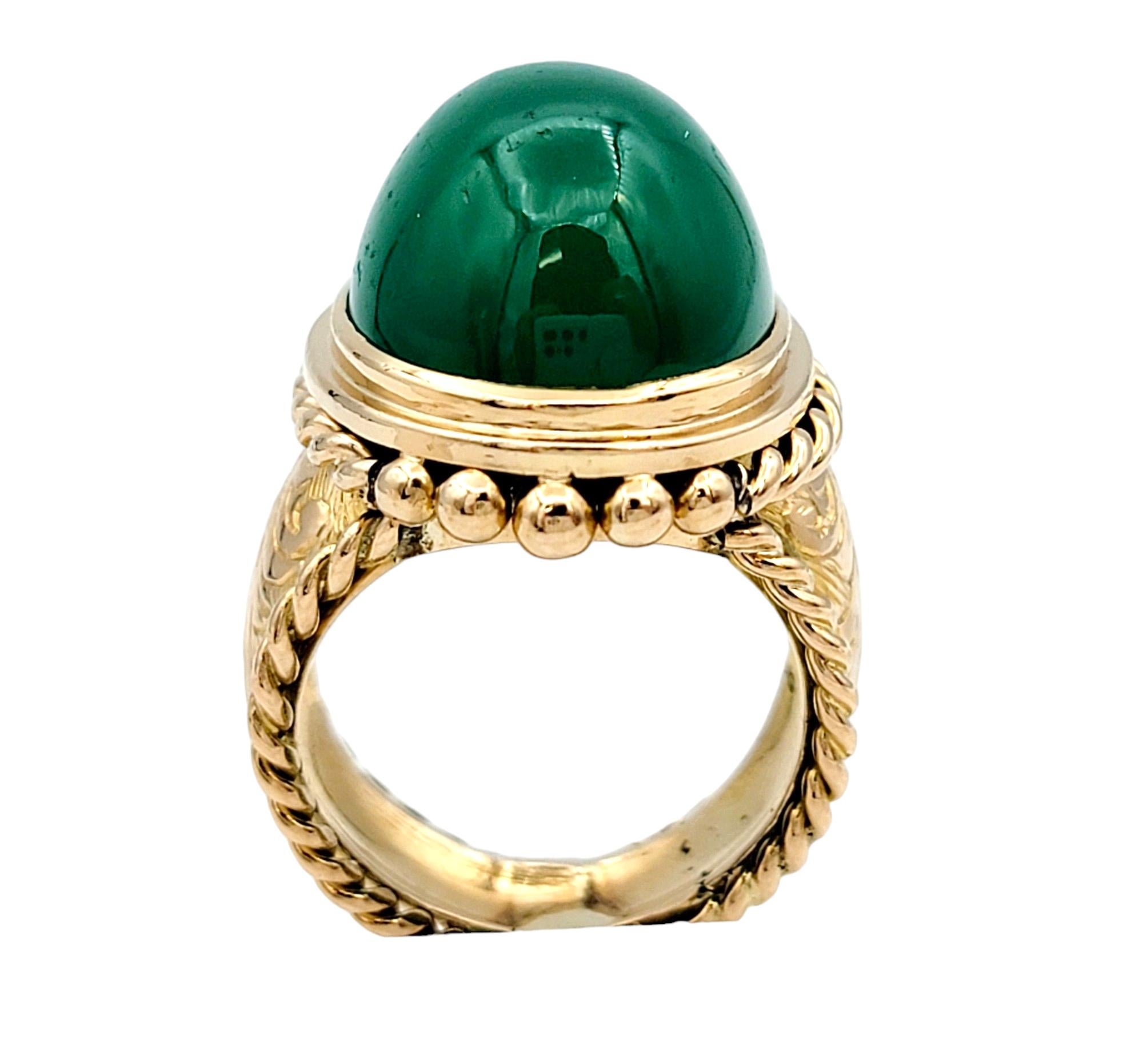 Contemporary 18.64 Carat Oval Cabochon Green Chalcedony Cocktail Ring in 18 Karat Rose Gold For Sale